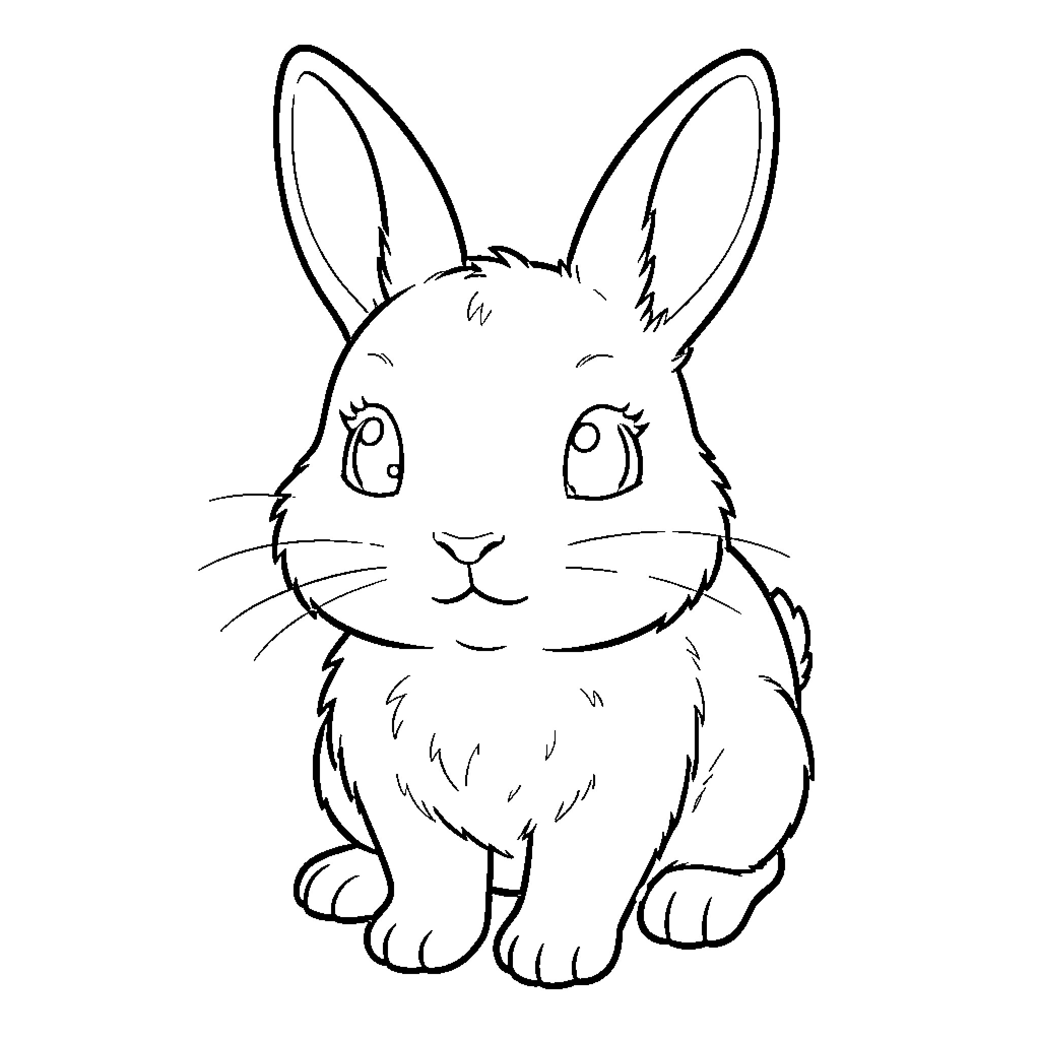 Rabbit with big eyes and fluffy fur Coloring Page (free black-and-white line drawing printable PDF for all, from beginners to advanced learners, including children, teens, adults, and seniors)