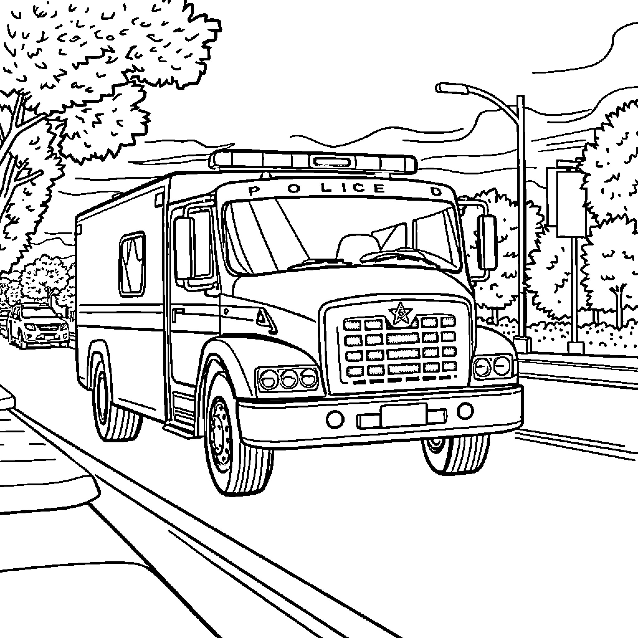 Police Truck Responding to Emergency in the City Coloring Page (free black-and-white line drawing printable PDF for all, from beginners to advanced learners, including children, teens, adults, and seniors)