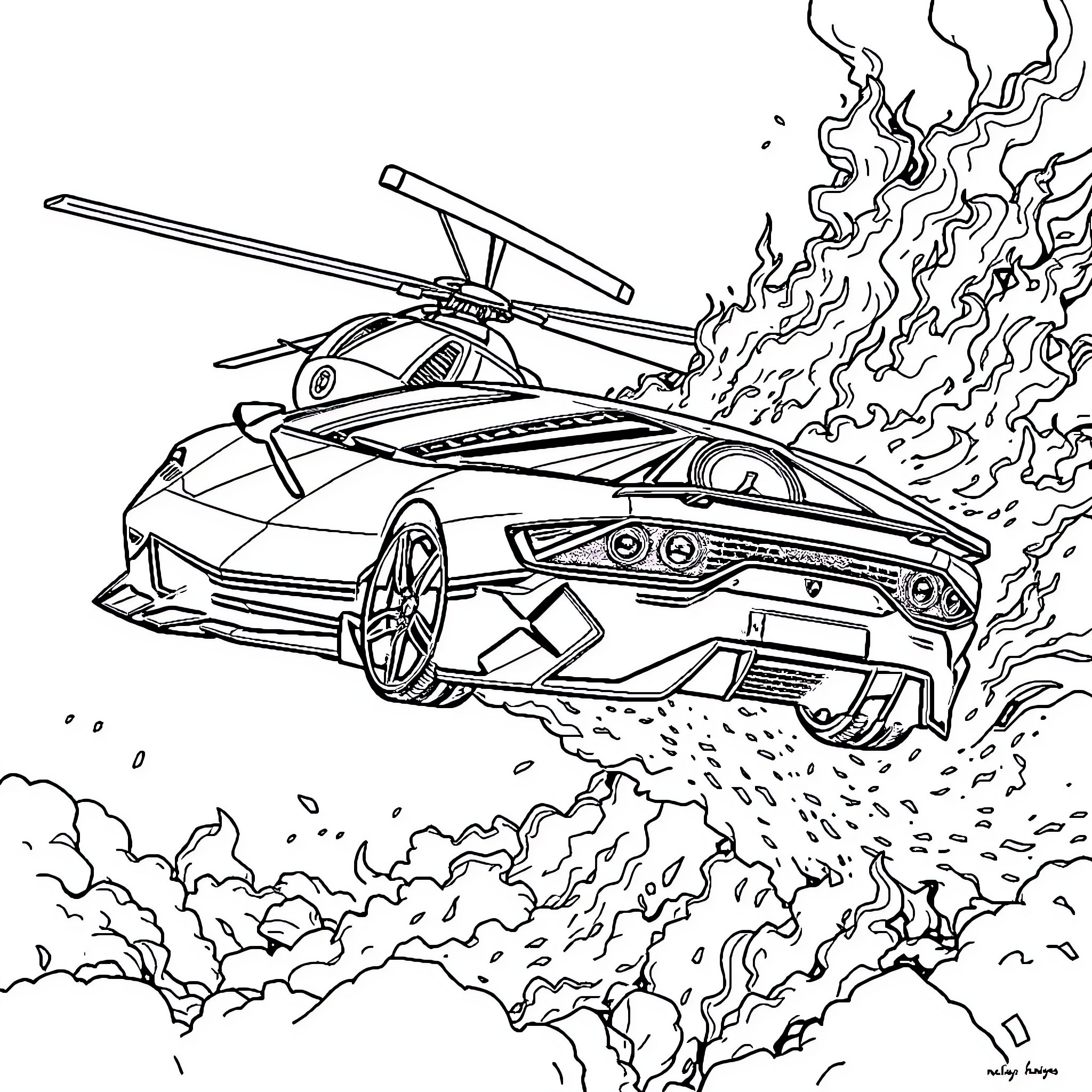 Lamborghini supercar in high-speed action Coloring Page (free black-and-white line drawing printable PDF for all, from beginners to advanced learners, including children, teens, adults, and seniors)