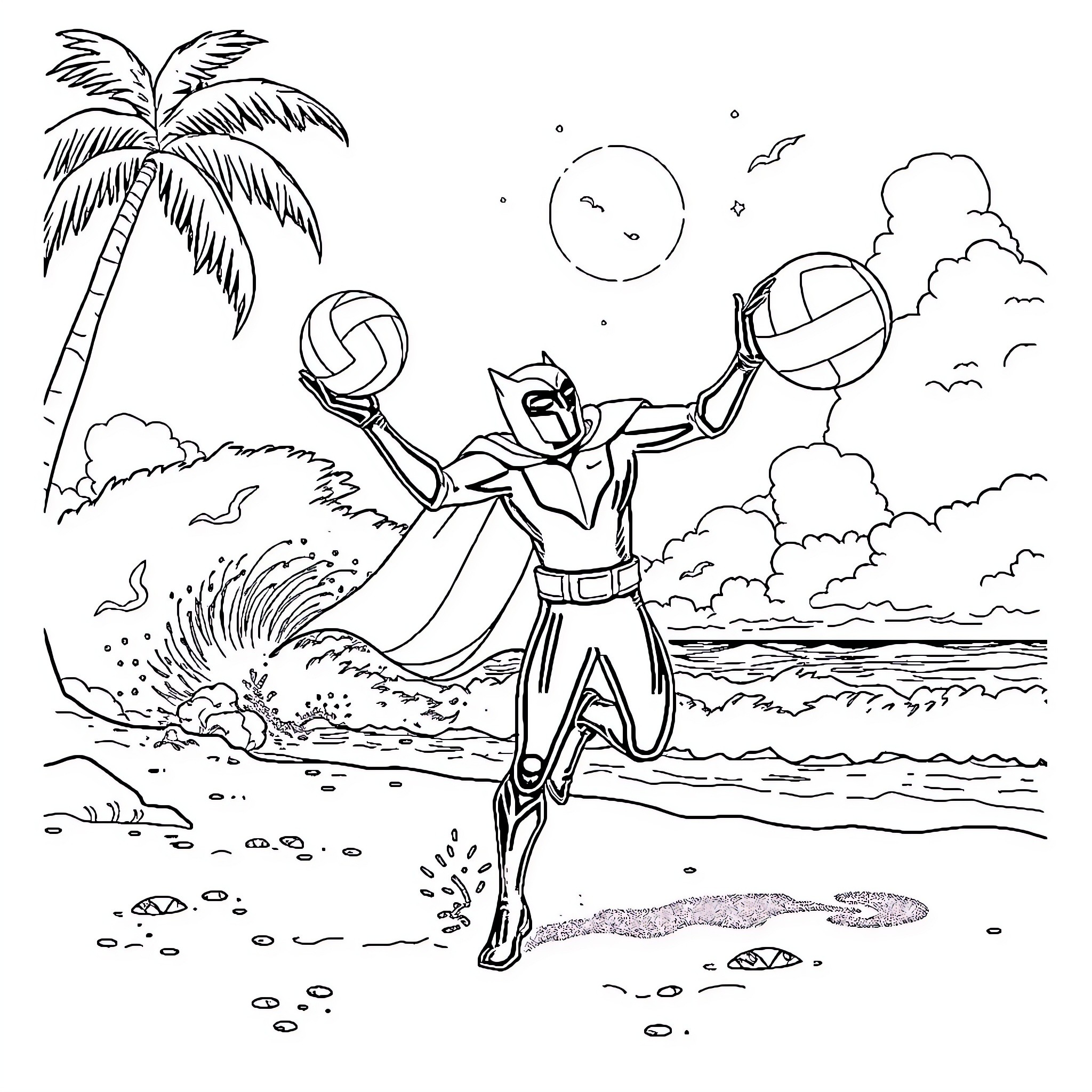 Moon Knight in action on a tropical beach Coloring Page (free black-and-white line drawing printable PDF for all, from beginners to advanced learners, including children, teens, adults, and seniors)