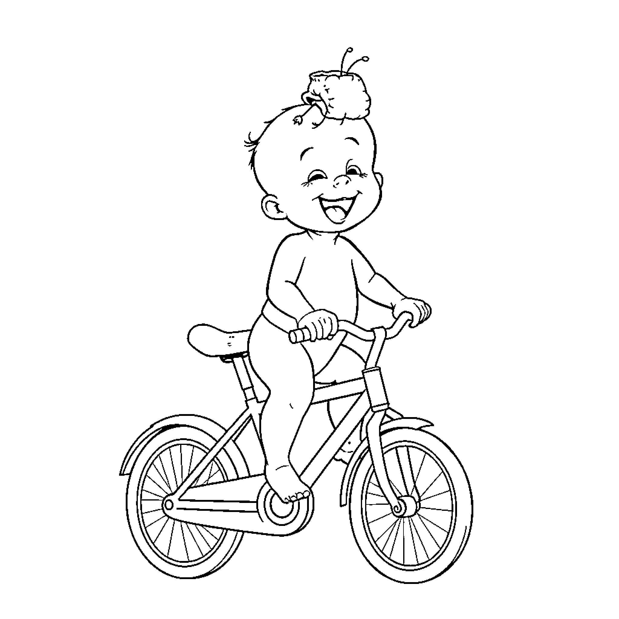 Baby joyfully riding bicycle Coloring Page (free black-and-white line drawing printable PDF for all, from beginners to advanced learners, including children, teens, adults, and seniors)