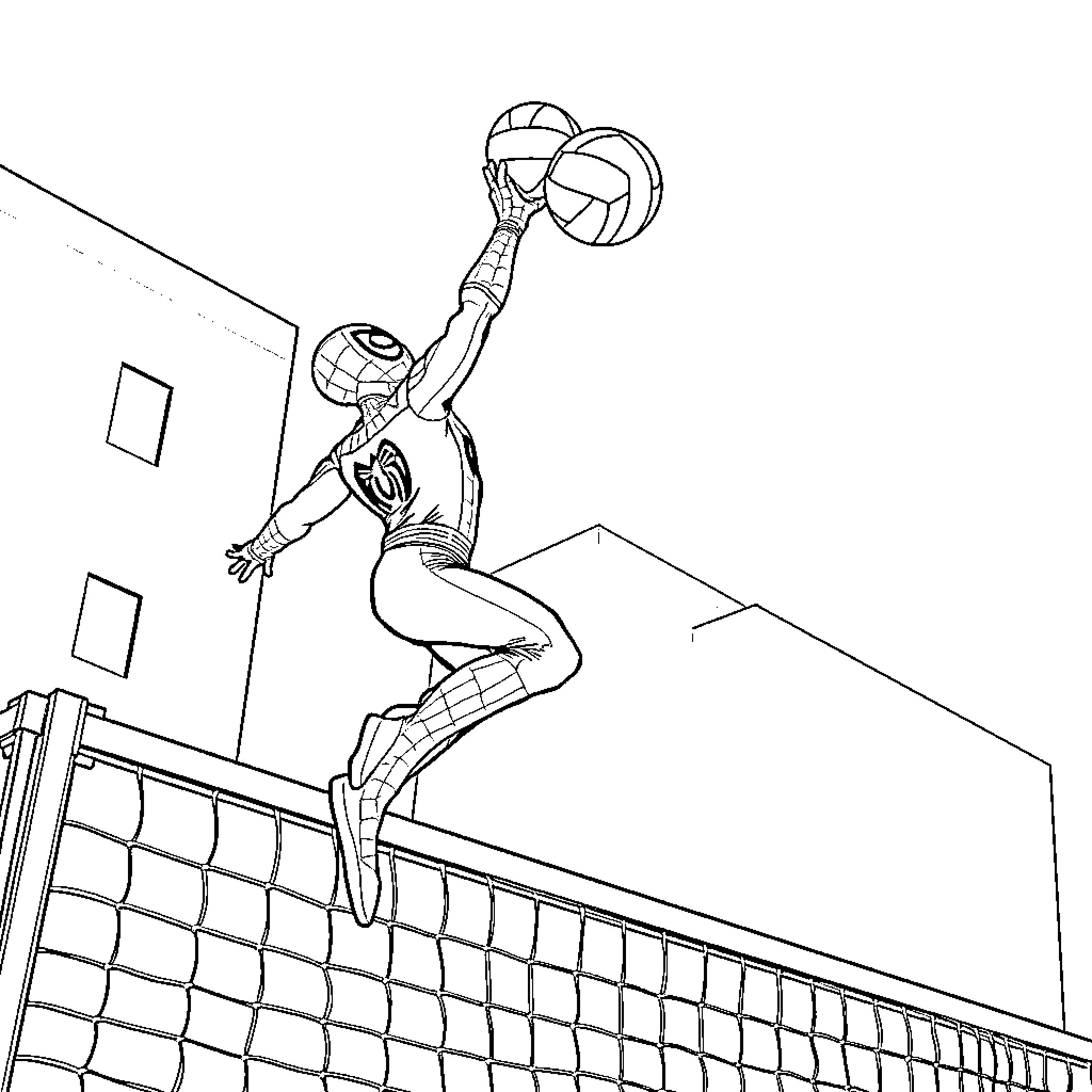 Spiderman Swinging and Leaping Over Volleyball Net Coloring Page (free black-and-white line drawing printable PDF for all, from beginners to advanced learners, including children, teens, adults, and seniors)