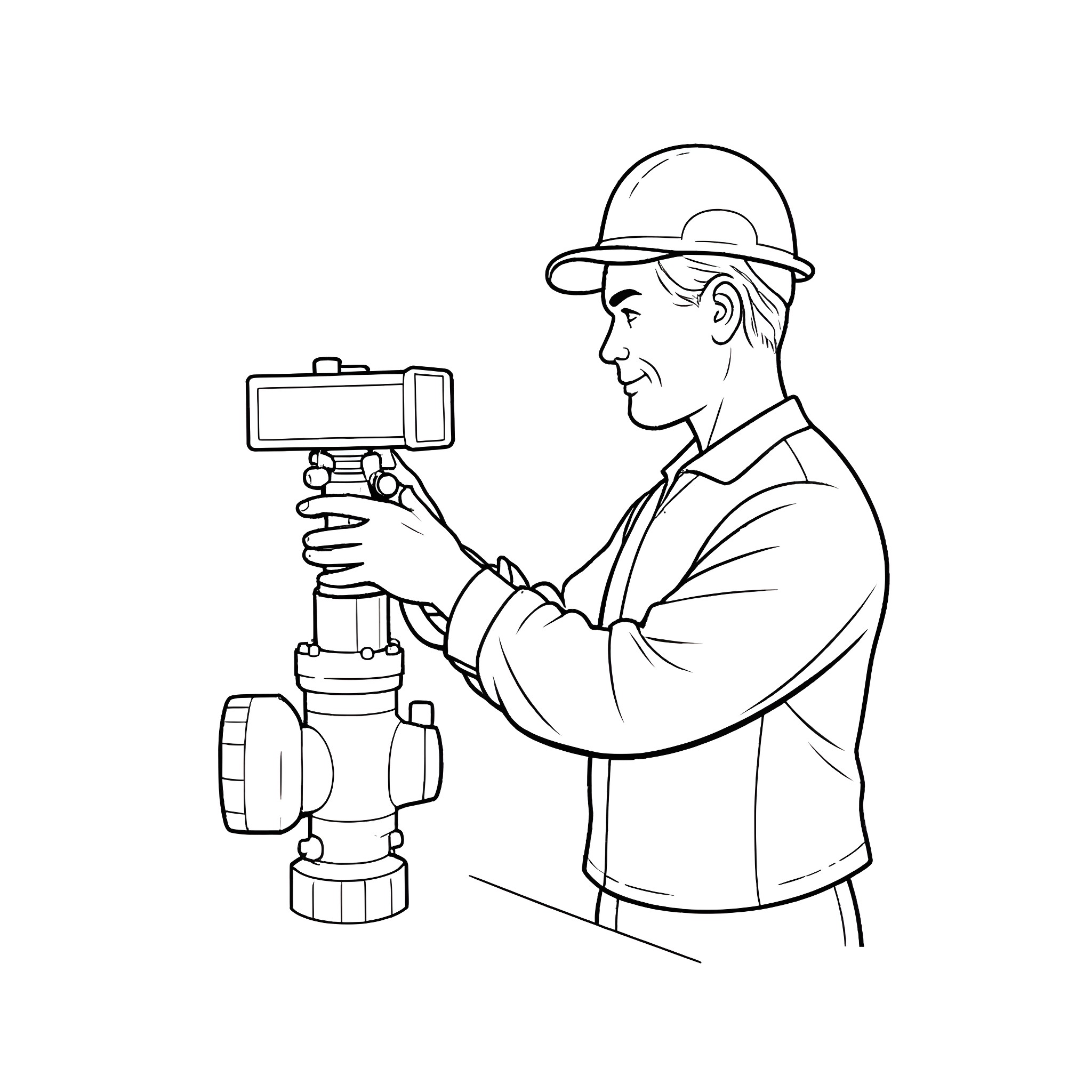 Maintenance Worker Adjusting Equipment on Site Coloring Page (free black-and-white line drawing printable PDF for all, from beginners to advanced learners, including children, teens, adults, and seniors)