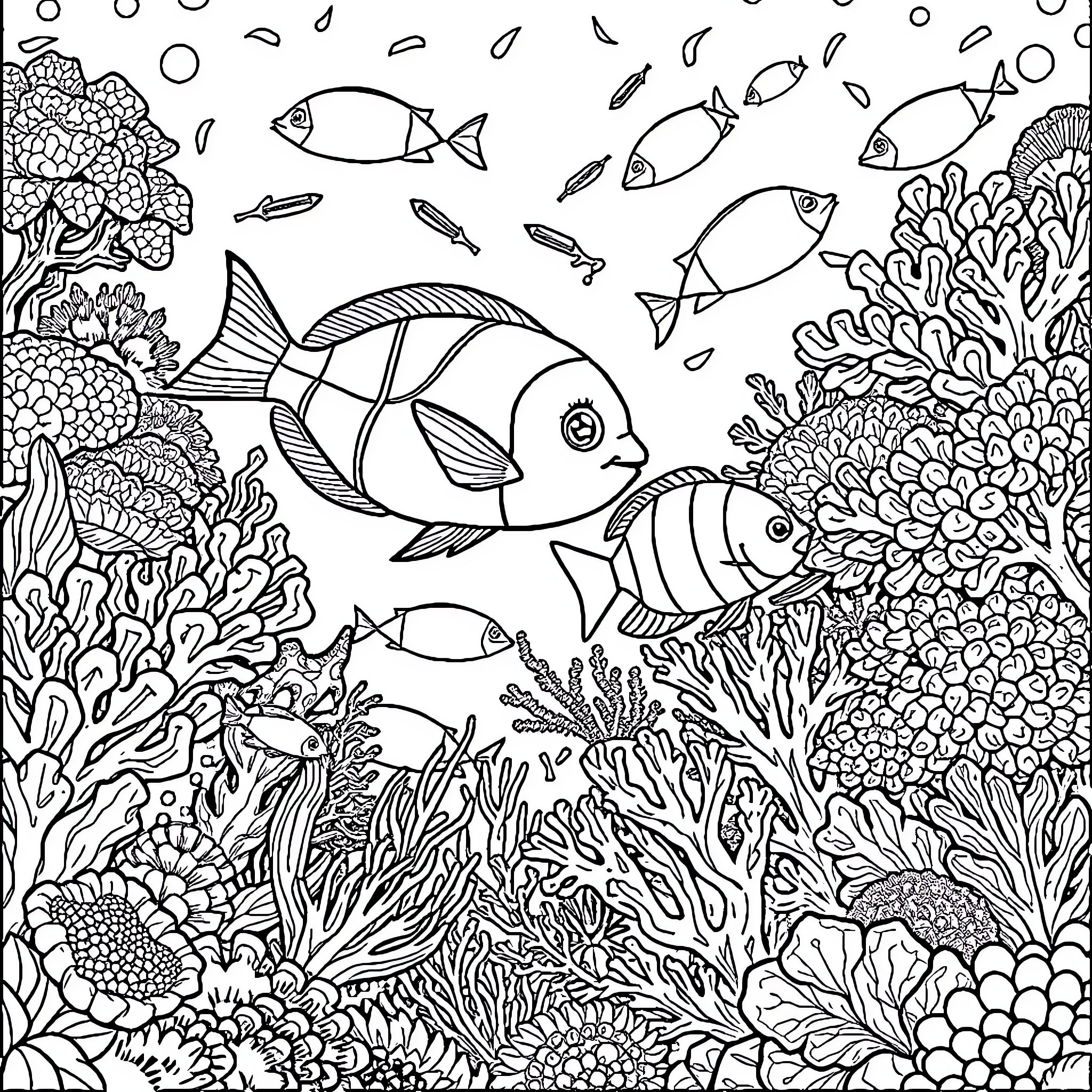 Fish swimming among coral reefs and sea life Coloring Page (free black-and-white line drawing printable PDF for all, from beginners to advanced learners, including children, teens, adults, and seniors)
