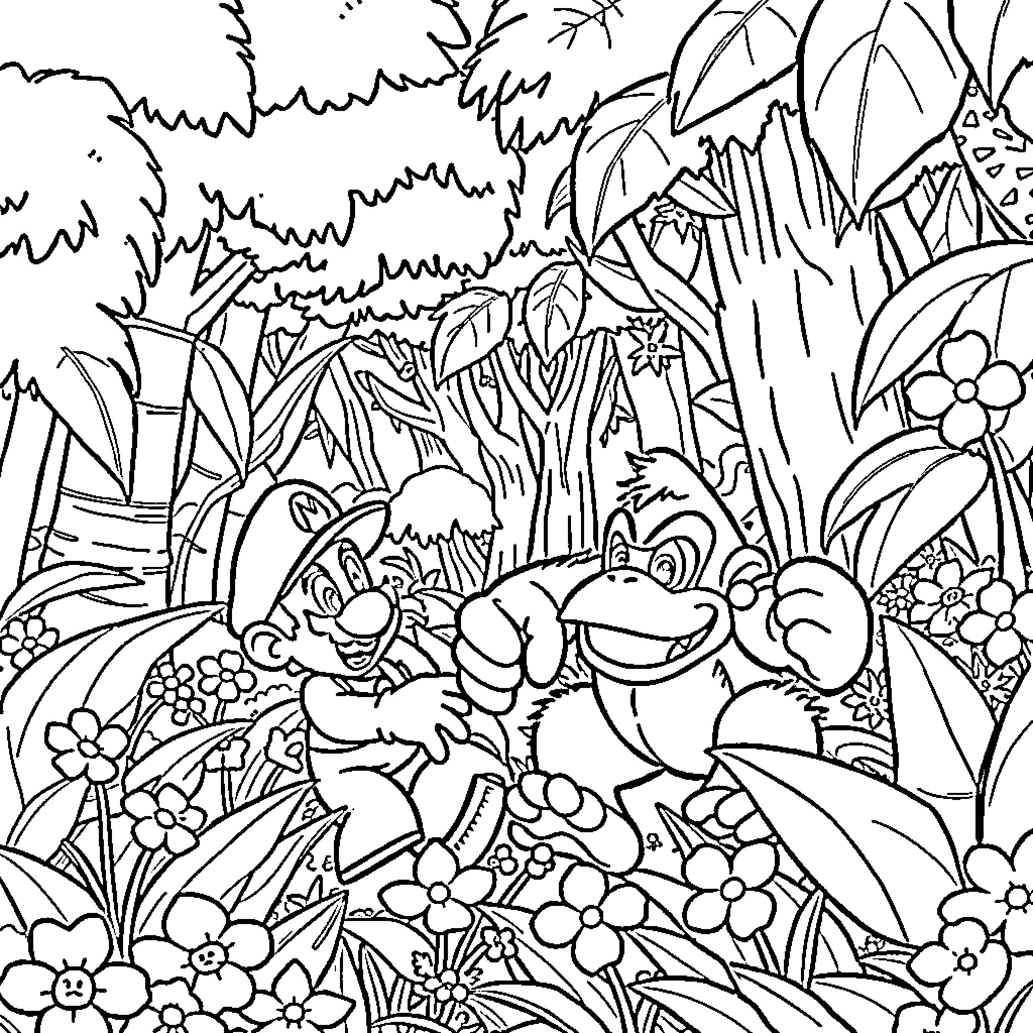 Mario's Jungle Adventure Coloring Page (free black-and-white line drawing printable PDF for all, from beginners to advanced learners, including children, teens, adults, and seniors)