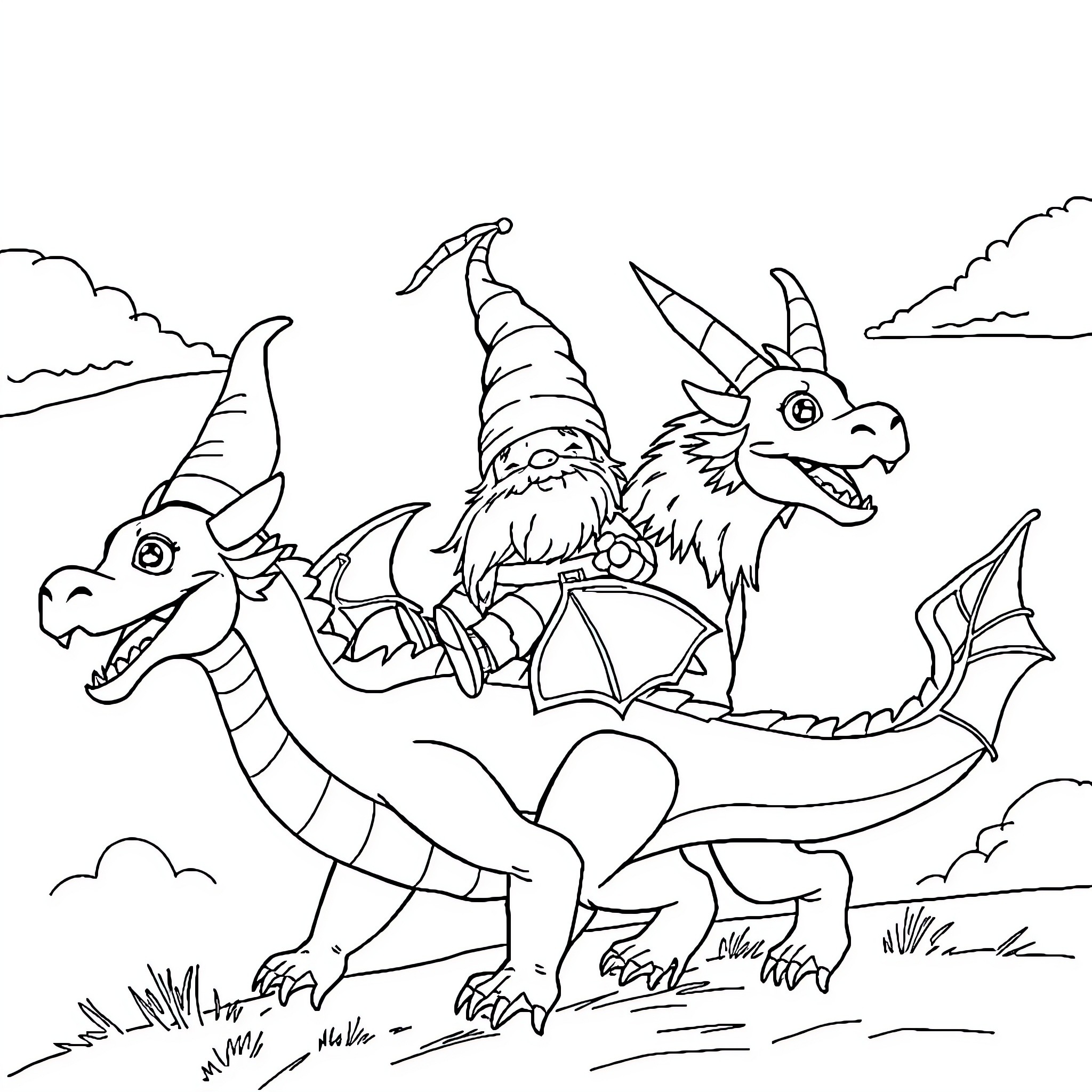 Gnome Riding Fantastical Dragon in Magical Realm Coloring Page (free black-and-white line drawing printable PDF for all, from beginners to advanced learners, including children, teens, adults, and seniors)