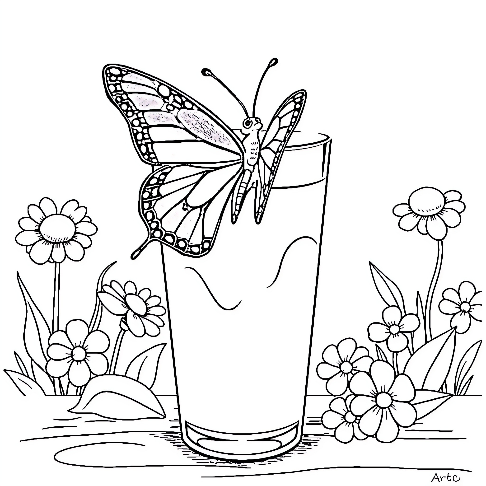 Butterfly resting on floral glass Coloring Page (free black-and-white line drawing printable PDF for all, from beginners to advanced learners, including children, teens, adults, and seniors)