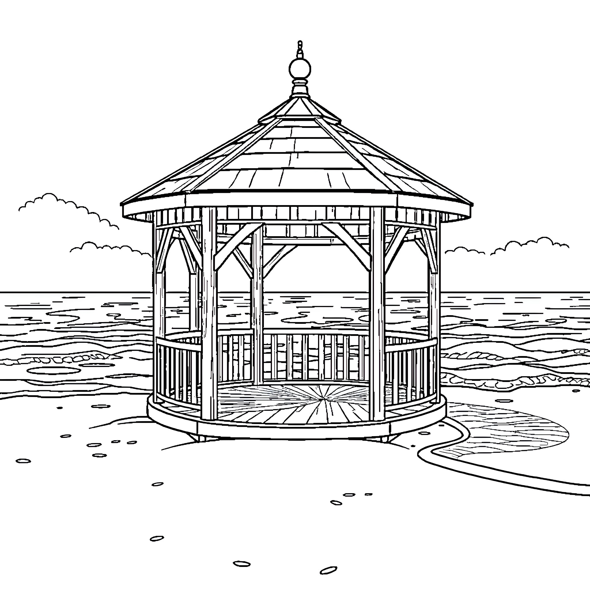 Gazebo by the Serene Lake Coloring Page (free black-and-white line drawing printable PDF for all, from beginners to advanced learners, including children, teens, adults, and seniors)