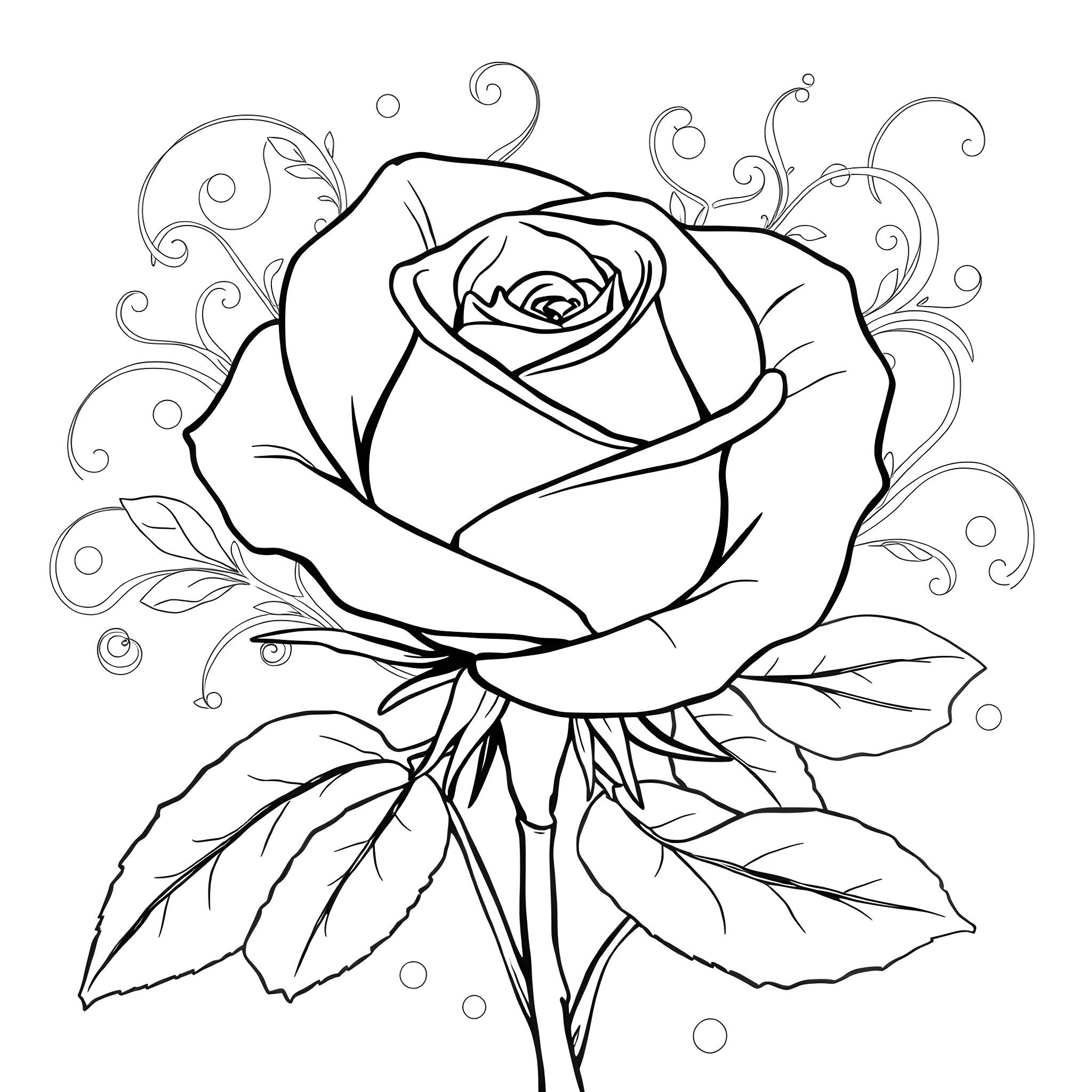 Rose Blooming with Ornate Floral Accents Coloring Page (free black-and-white line drawing printable PDF for all, from beginners to advanced learners, including children, teens, adults, and seniors)