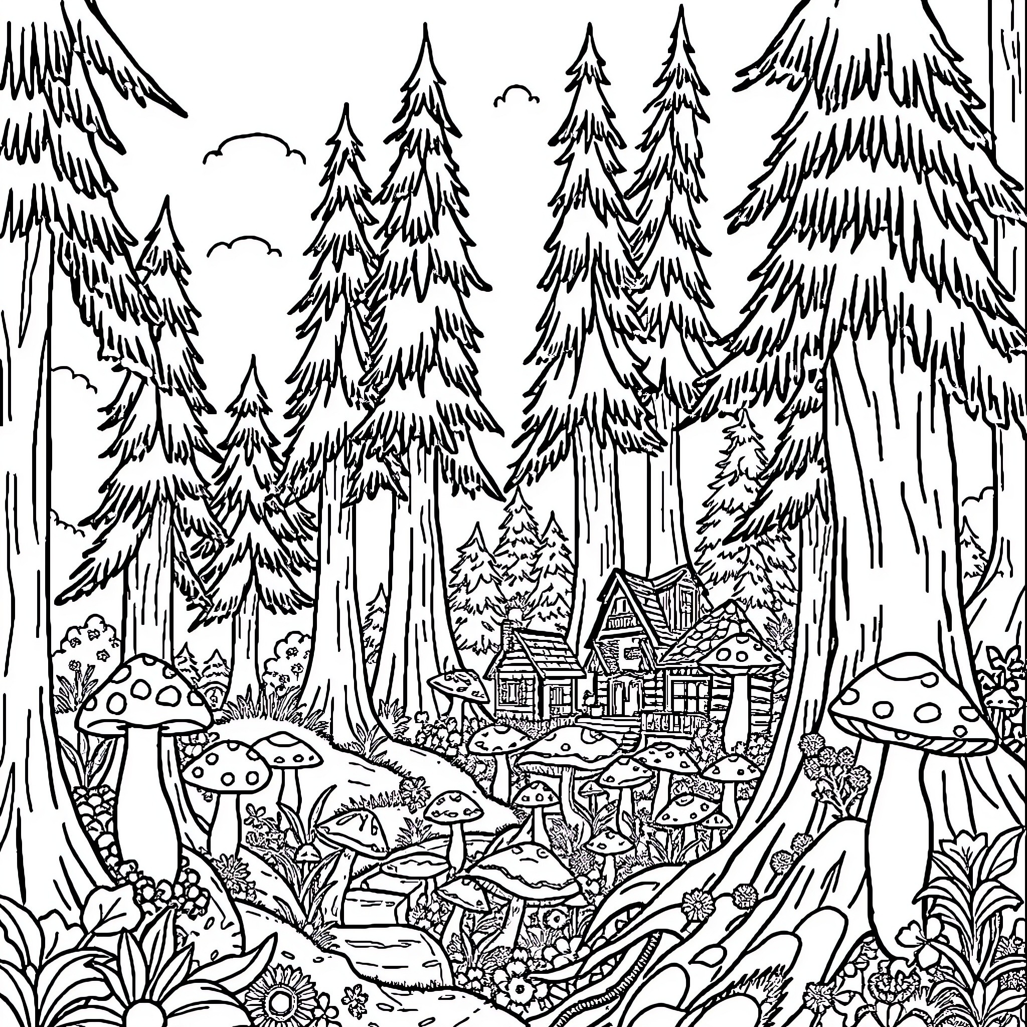 Mushroom Cabin in the Enchanted Forest Coloring Page (free black-and-white line drawing printable PDF for all, from beginners to advanced learners, including children, teens, adults, and seniors)