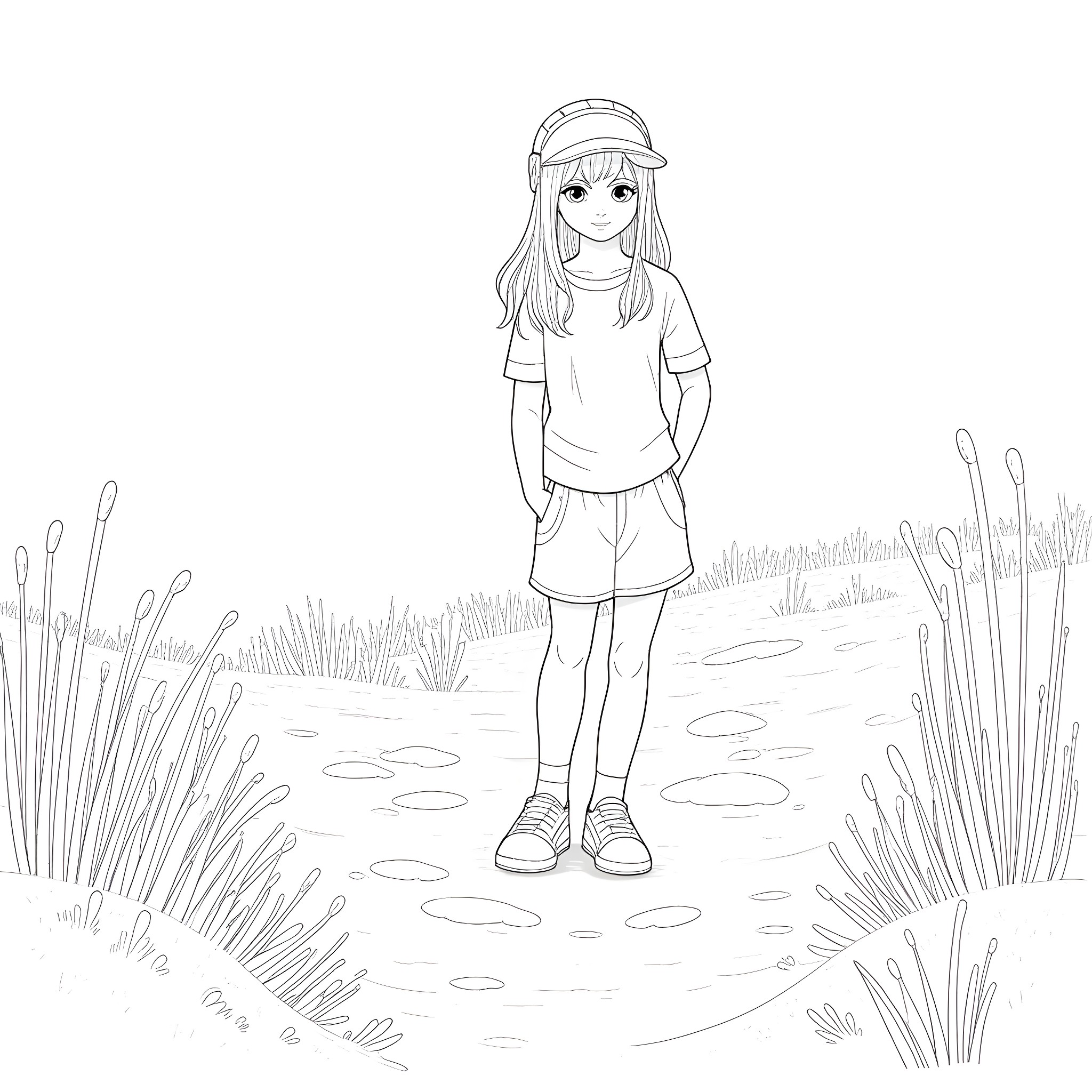Girl exploring the wilderness in a field Coloring Page (free black-and-white line drawing printable PDF for all, from beginners to advanced learners, including children, teens, adults, and seniors)
