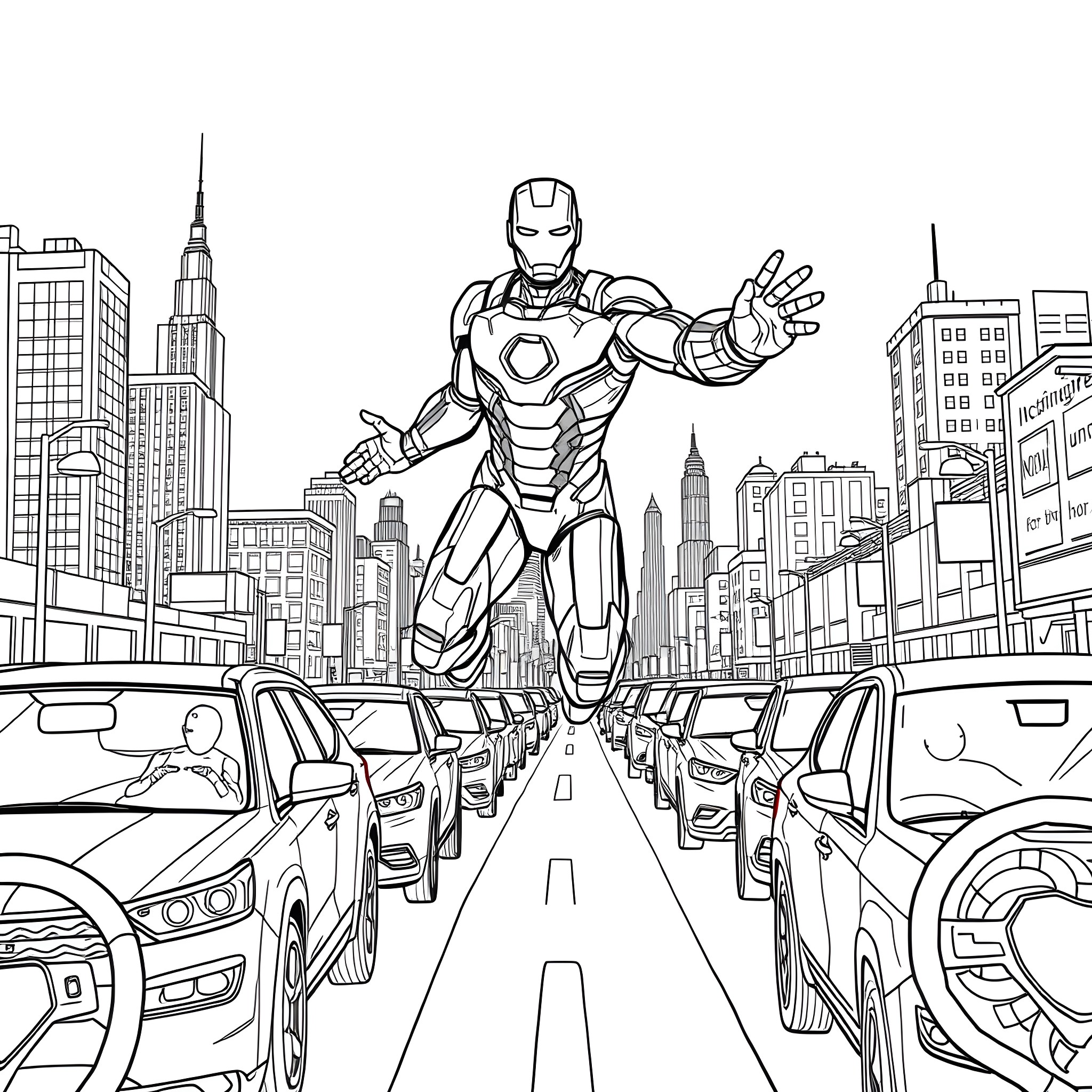 Ironman soaring above the cityscape Coloring Page (free black-and-white line drawing printable PDF for all, from beginners to advanced learners, including children, teens, adults, and seniors)