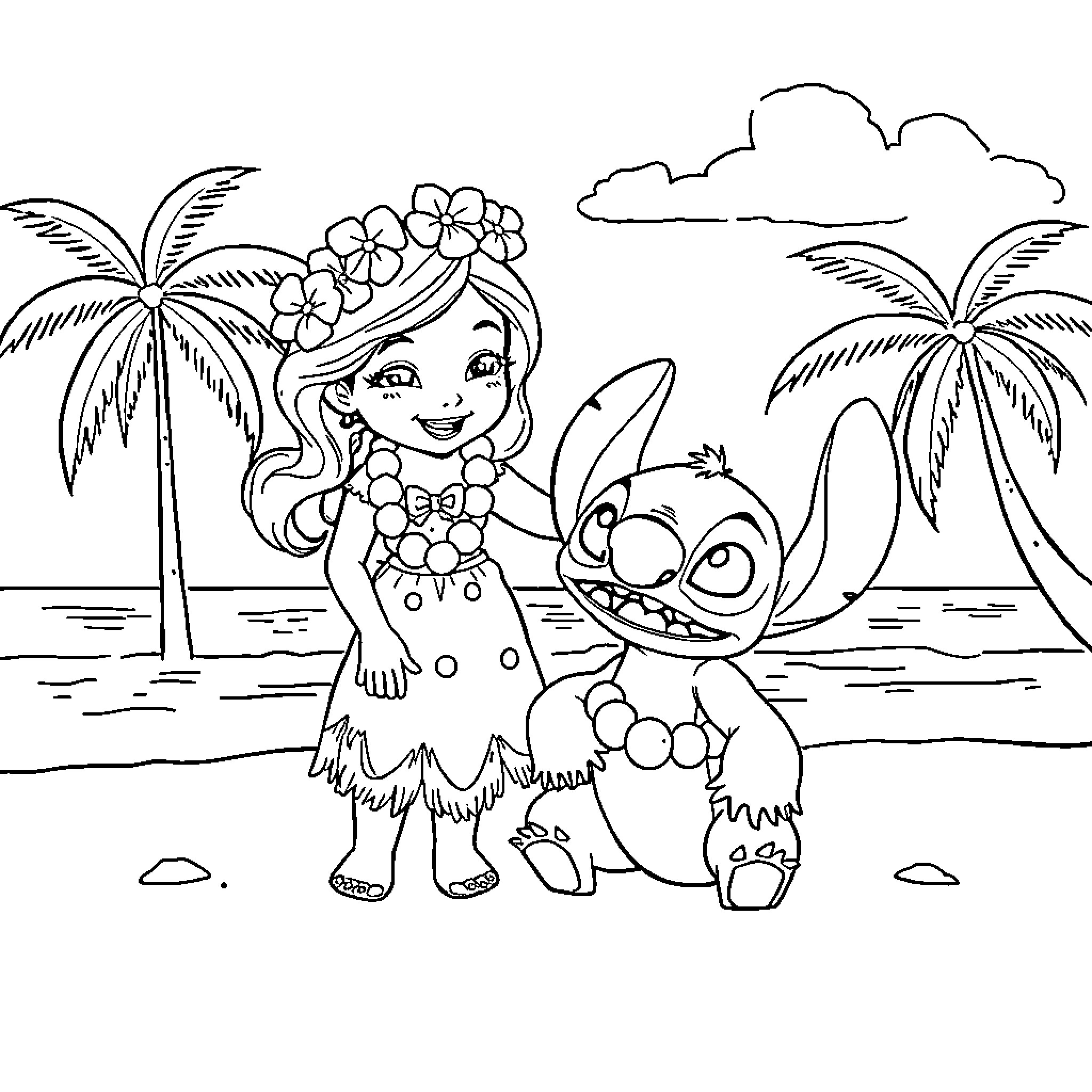 Lilo and her Stitch friend explore the tropical beach Coloring Page (free black-and-white line drawing printable PDF for all, from beginners to advanced learners, including children, teens, adults, and seniors)