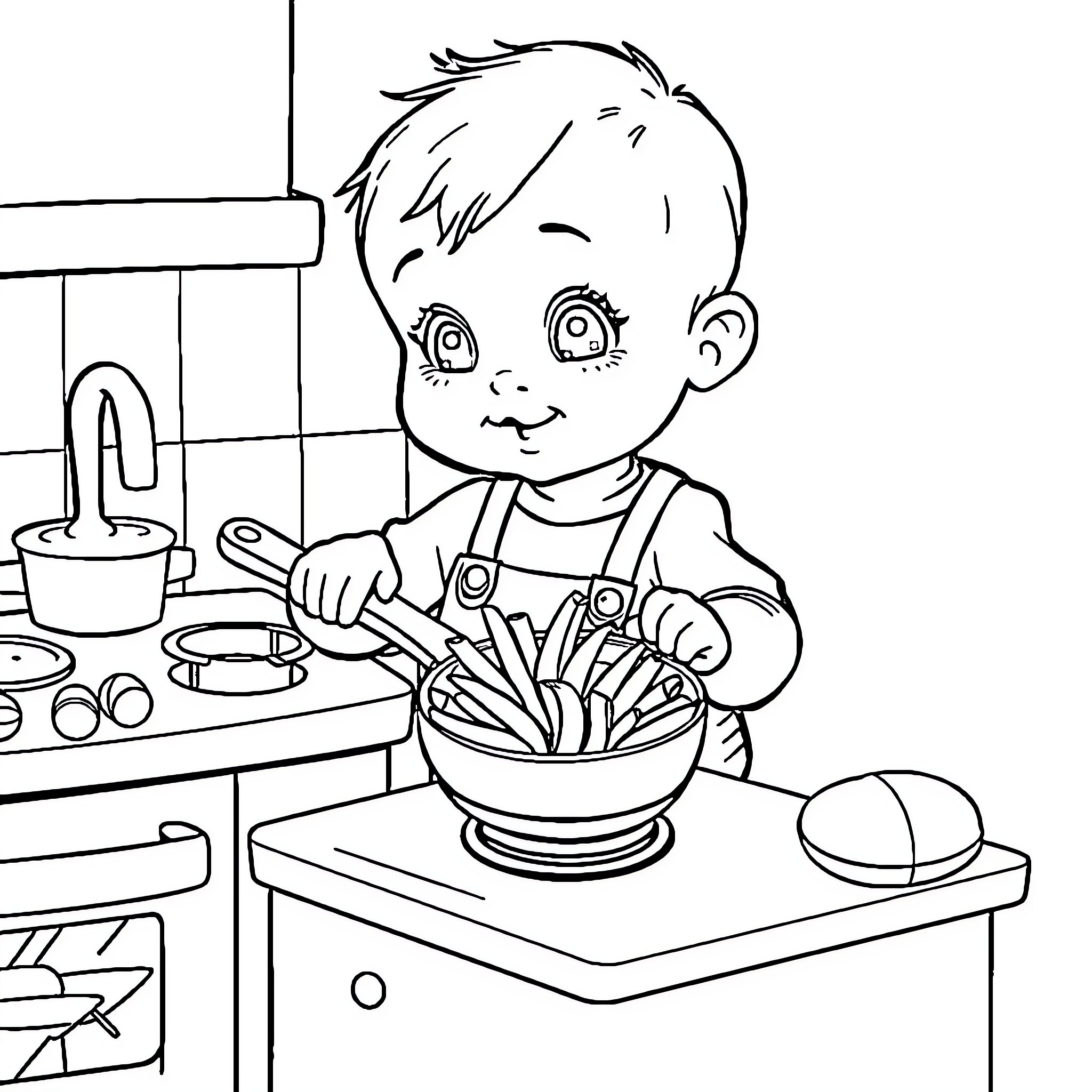 Baby helping in the kitchen Coloring Page (free black-and-white line drawing printable PDF for all, from beginners to advanced learners, including children, teens, adults, and seniors)