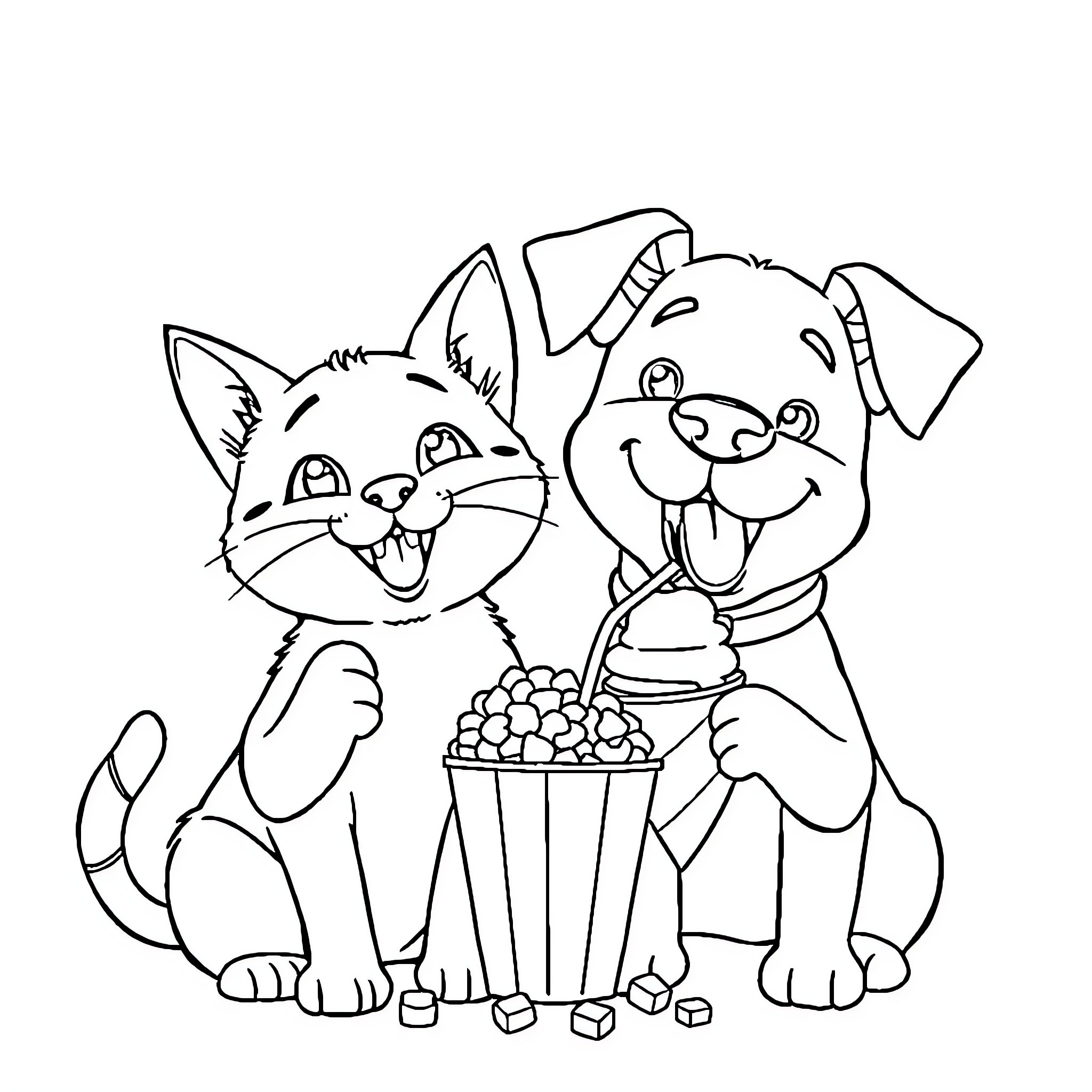 Cat and Dog Sharing a Bowl of Treats Coloring Page (free black-and-white line drawing printable PDF for all, from beginners to advanced learners, including children, teens, adults, and seniors)