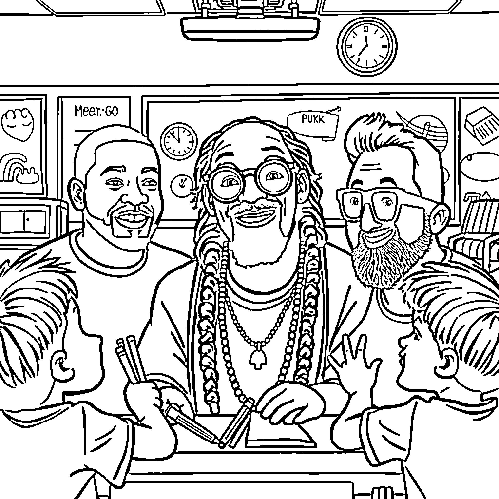 Teacher having fun with students in the classroom Coloring Page (free black-and-white line drawing printable PDF for all, from beginners to advanced learners, including children, teens, adults, and seniors)