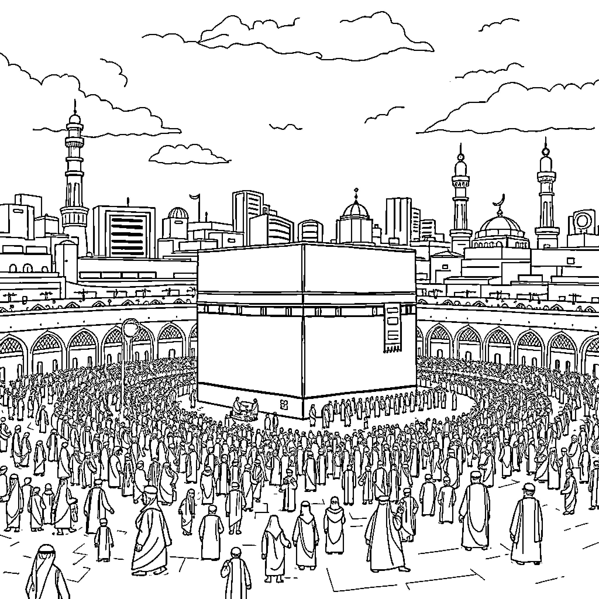 Kaaba with Muslim pilgrims performing religious rituals Coloring Page (free black-and-white line drawing printable PDF for all, from beginners to advanced learners, including children, teens, adults, and seniors)