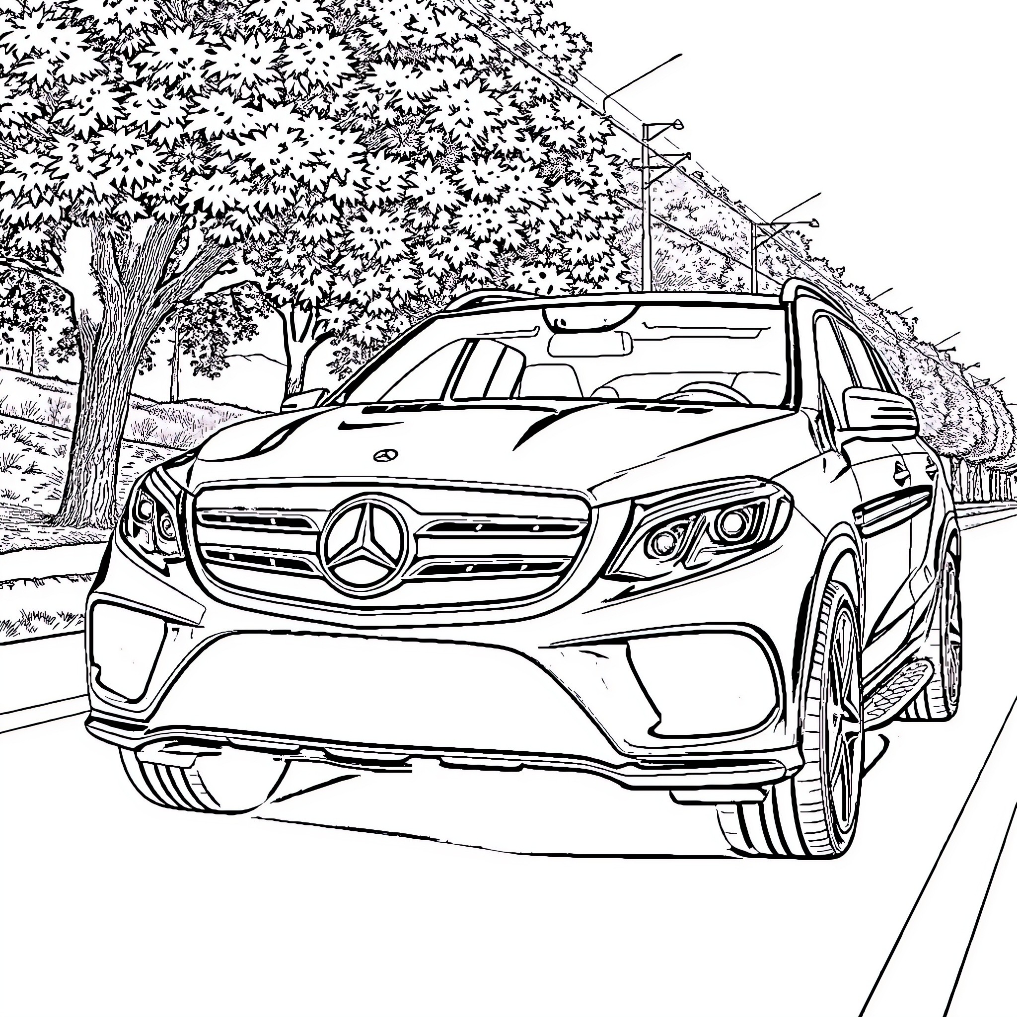 Mercedes GLE driving along a tree-lined street Coloring Page (free black-and-white line drawing printable PDF for all, from beginners to advanced learners, including children, teens, adults, and seniors)