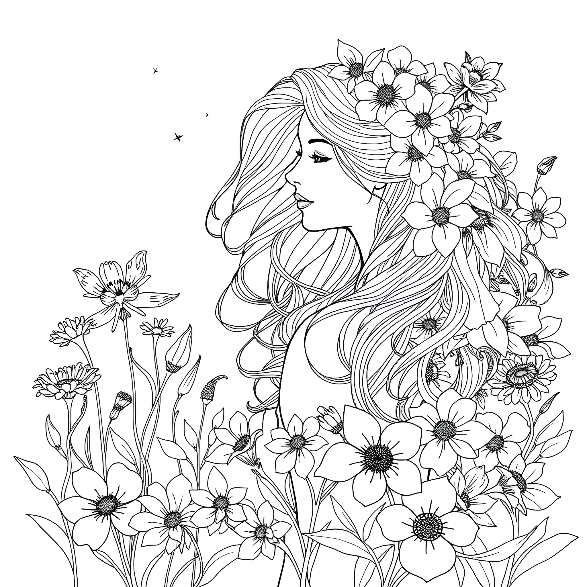 Woman with long flowing hair surrounded by floral blooms Coloring Page (free black-and-white line drawing printable PDF for all, from beginners to advanced learners, including children, teens, adults, and seniors)