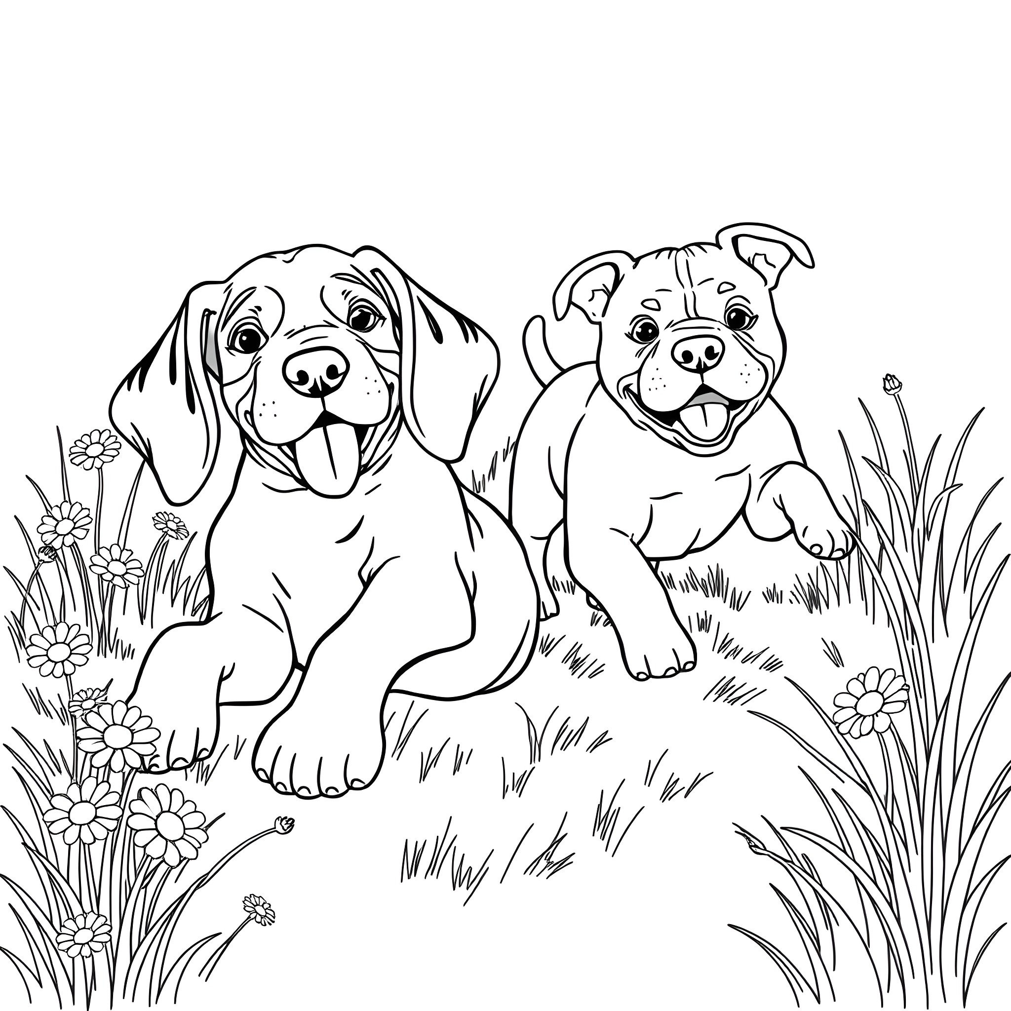 Puppies Playing in the Meadow Coloring Page (free black-and-white line drawing printable PDF for all, from beginners to advanced learners, including children, teens, adults, and seniors)