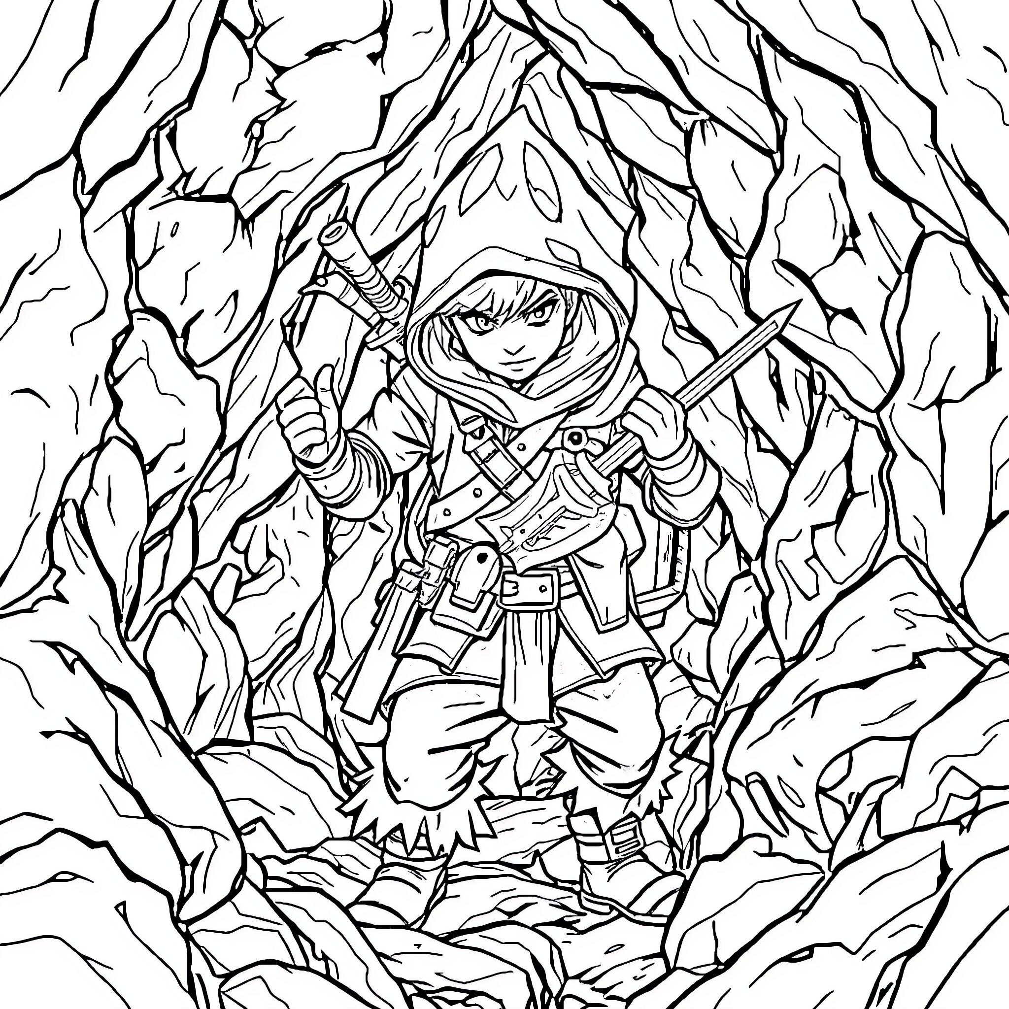 Hunter navigating treacherous mountain terrain Coloring Page (free black-and-white line drawing printable PDF for all, from beginners to advanced learners, including children, teens, adults, and seniors)