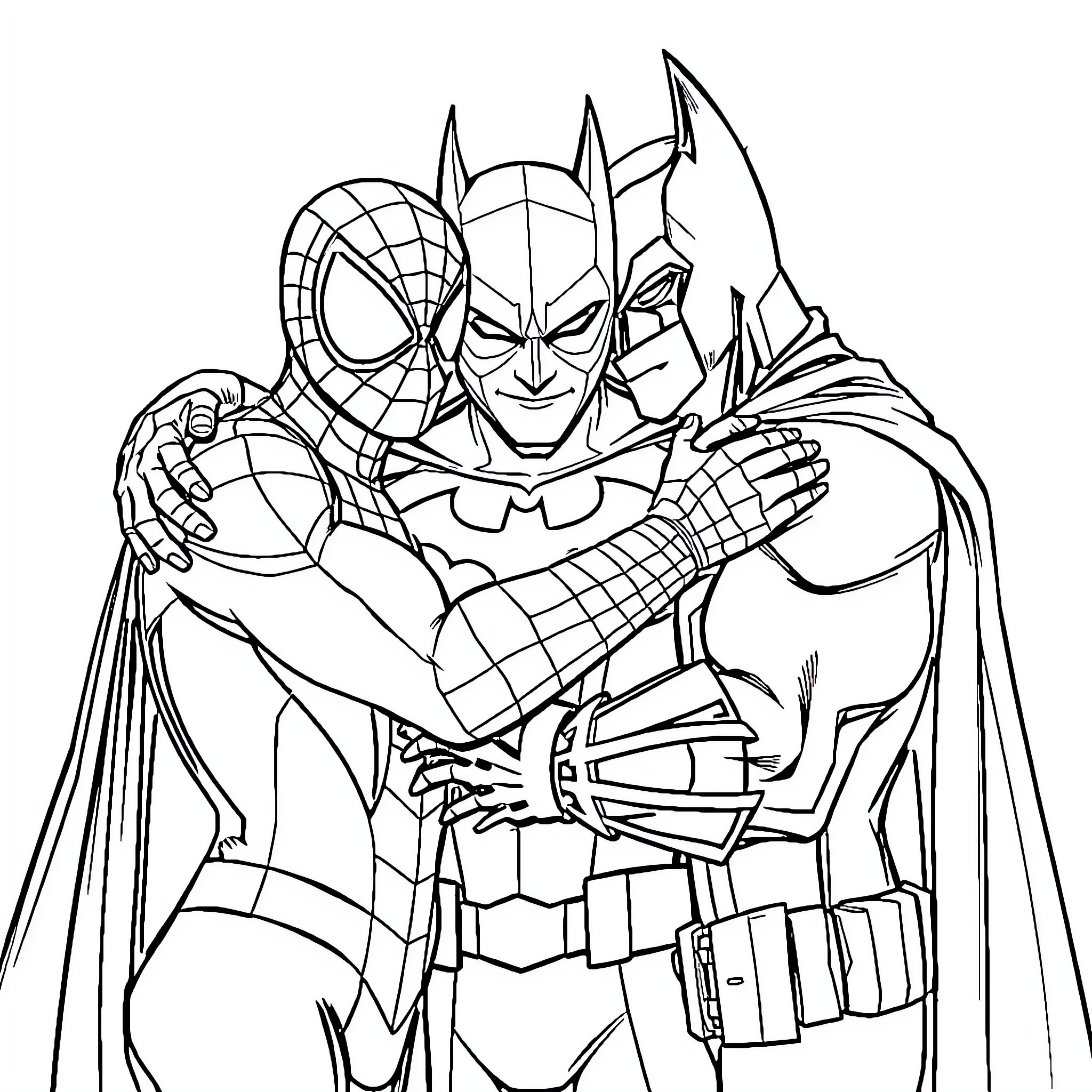Spiderman and Batman heroic team-up Coloring Page (free black-and-white line drawing printable PDF for all, from beginners to advanced learners, including children, teens, adults, and seniors)