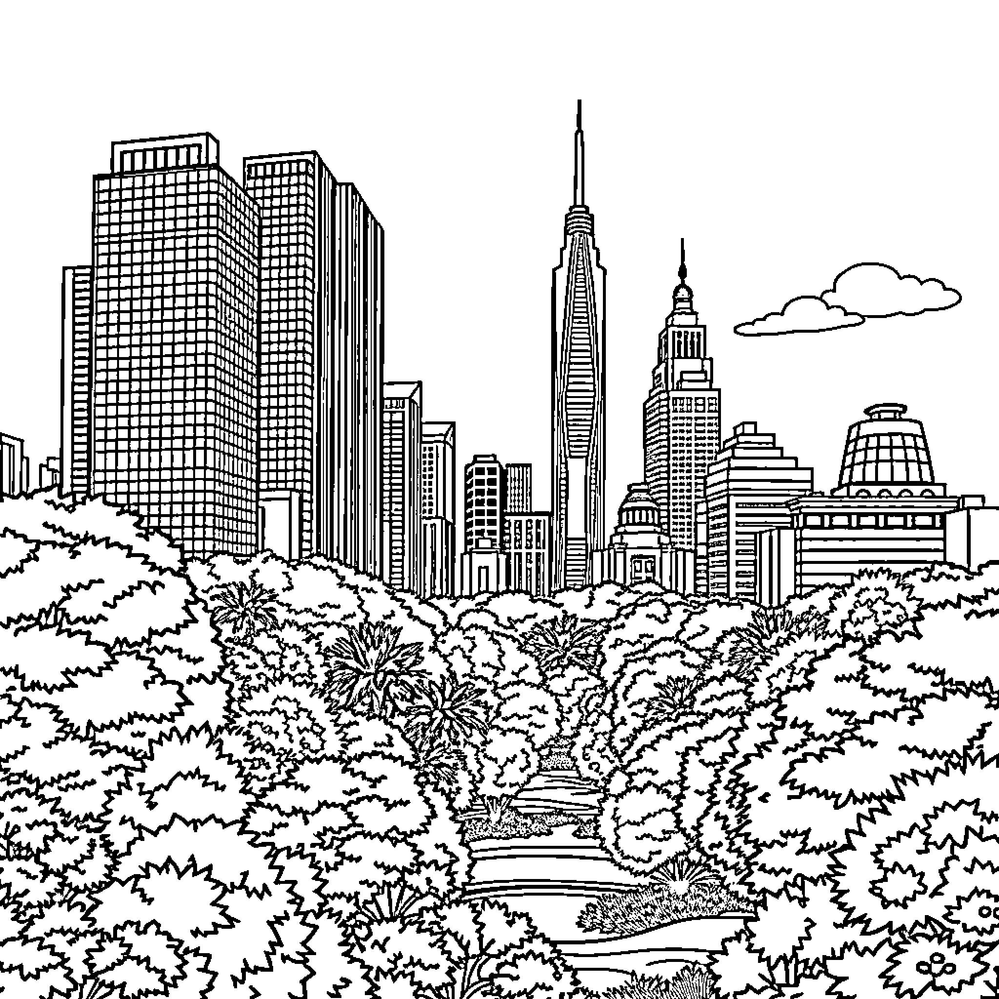 City skyline with lush foliage in foreground Coloring Page (free black-and-white line drawing printable PDF for all, from beginners to advanced learners, including children, teens, adults, and seniors)