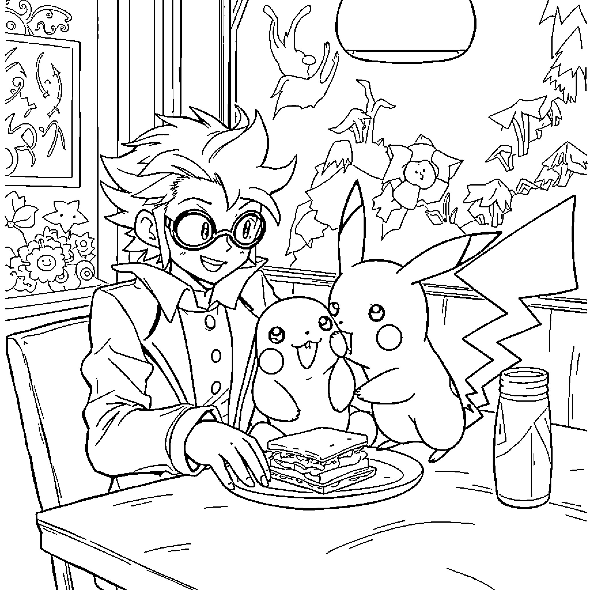 Phantom's Fantastical Pokemon Adventure Coloring Page (free black-and-white line drawing printable PDF for all, from beginners to advanced learners, including children, teens, adults, and seniors)