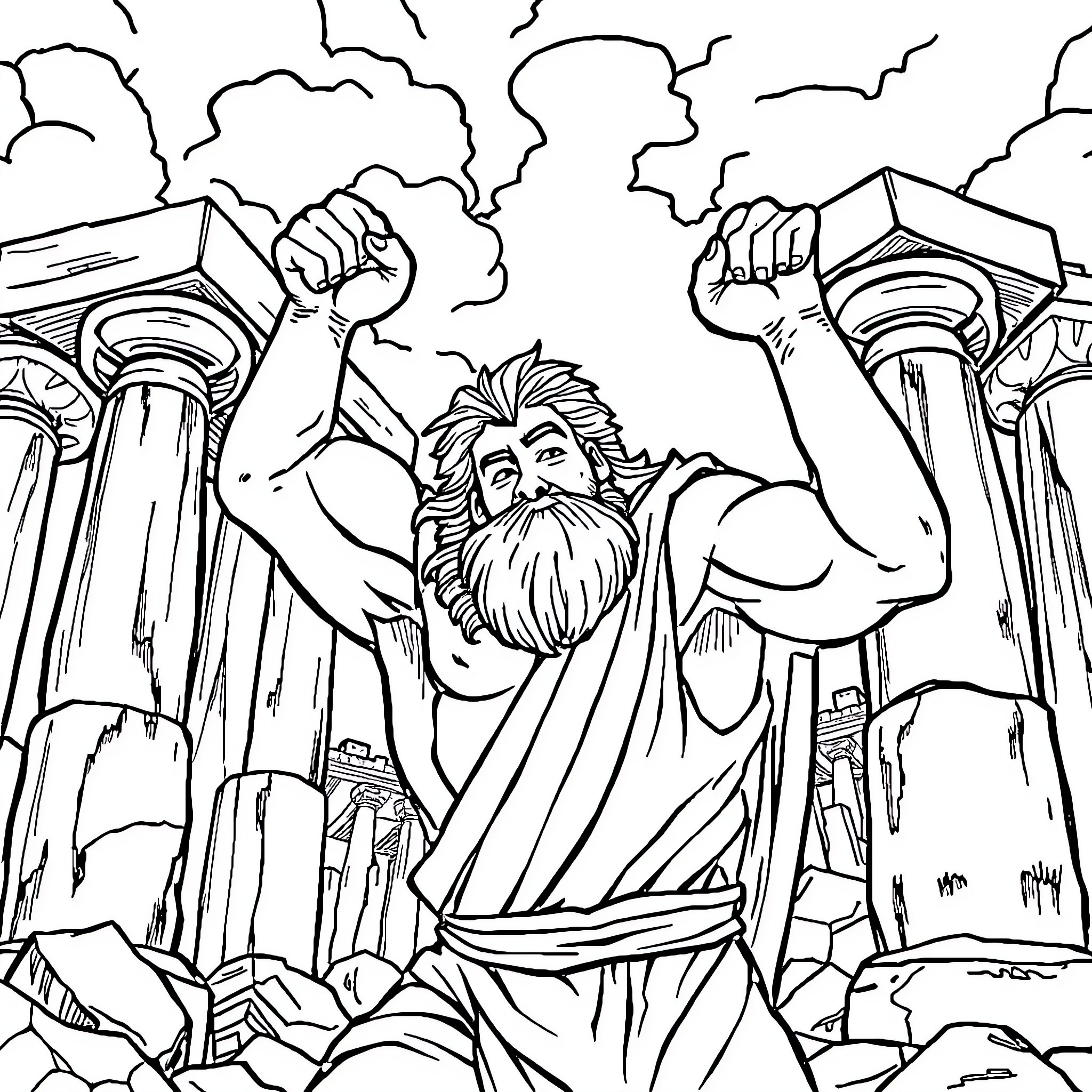 Samson's Mighty Strength Unleashed Coloring Page (free black-and-white line drawing printable PDF for all, from beginners to advanced learners, including children, teens, adults, and seniors)