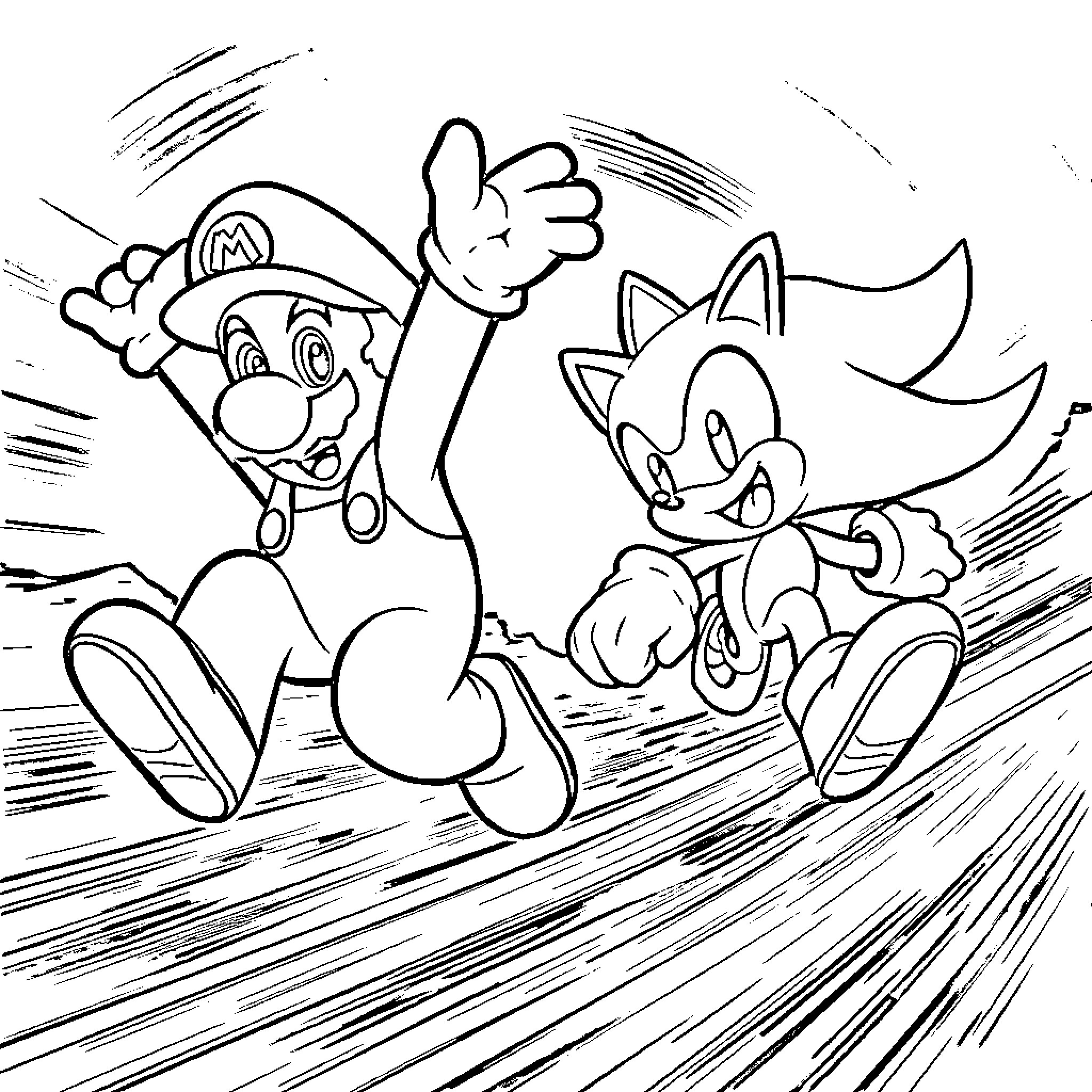 Mario and Sonic racing with excitement Coloring Page (free black-and-white line drawing printable PDF for all, from beginners to advanced learners, including children, teens, adults, and seniors)