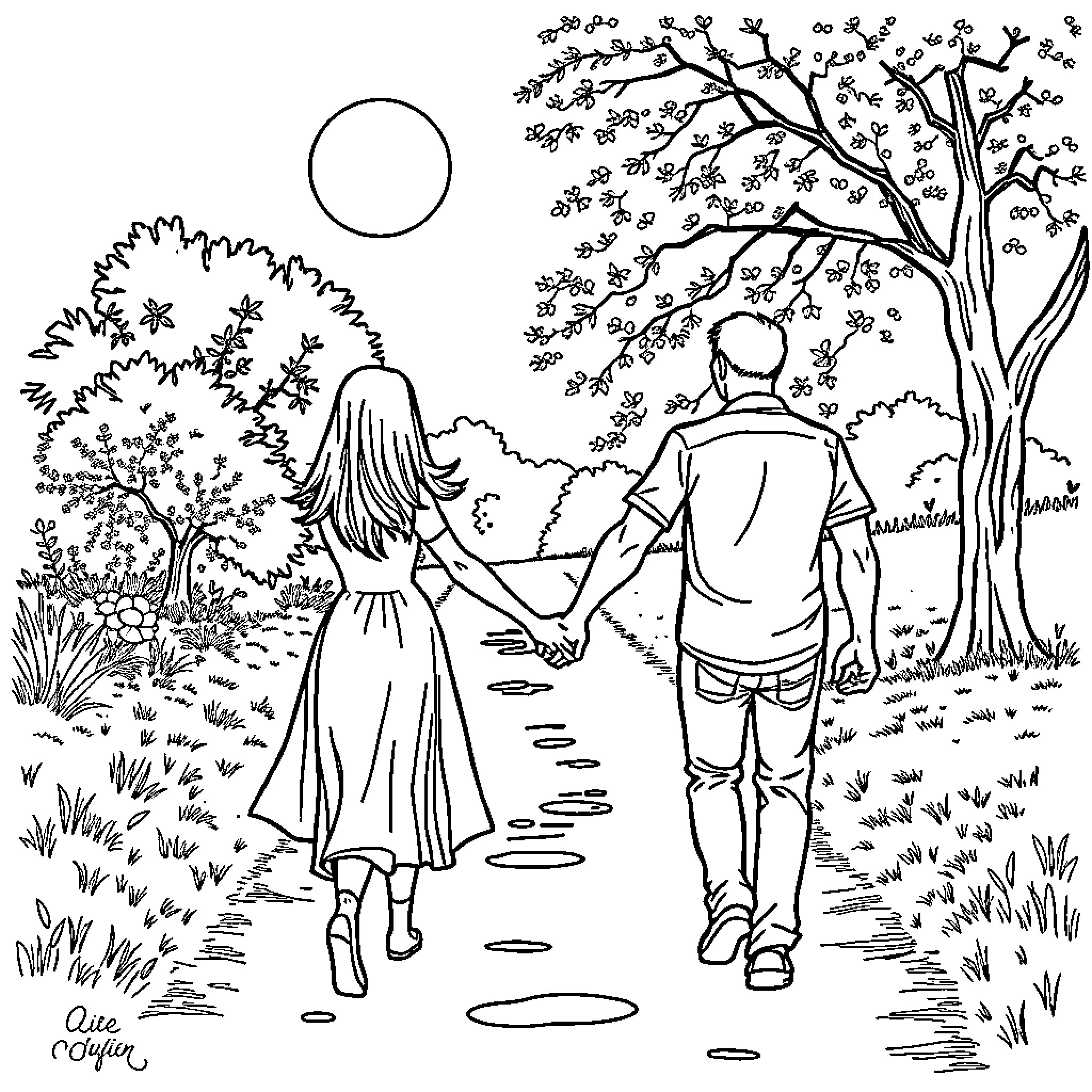 Couple strolling through a tranquil garden landscape Coloring Page (free black-and-white line drawing printable PDF for all, from beginners to advanced learners, including children, teens, adults, and seniors)