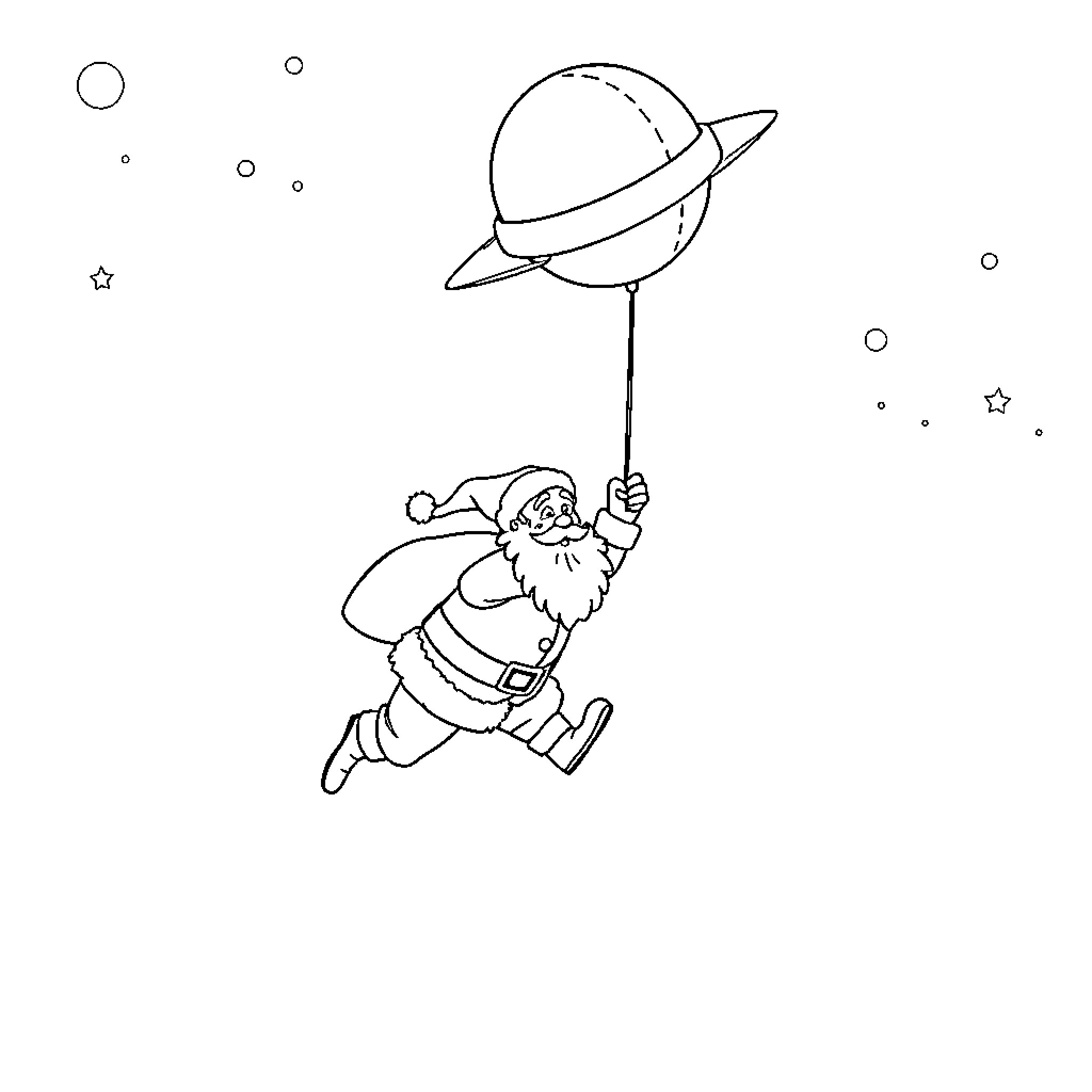 Santa floating in space with planets Coloring Page (free black-and-white line drawing printable PDF for all, from beginners to advanced learners, including children, teens, adults, and seniors)