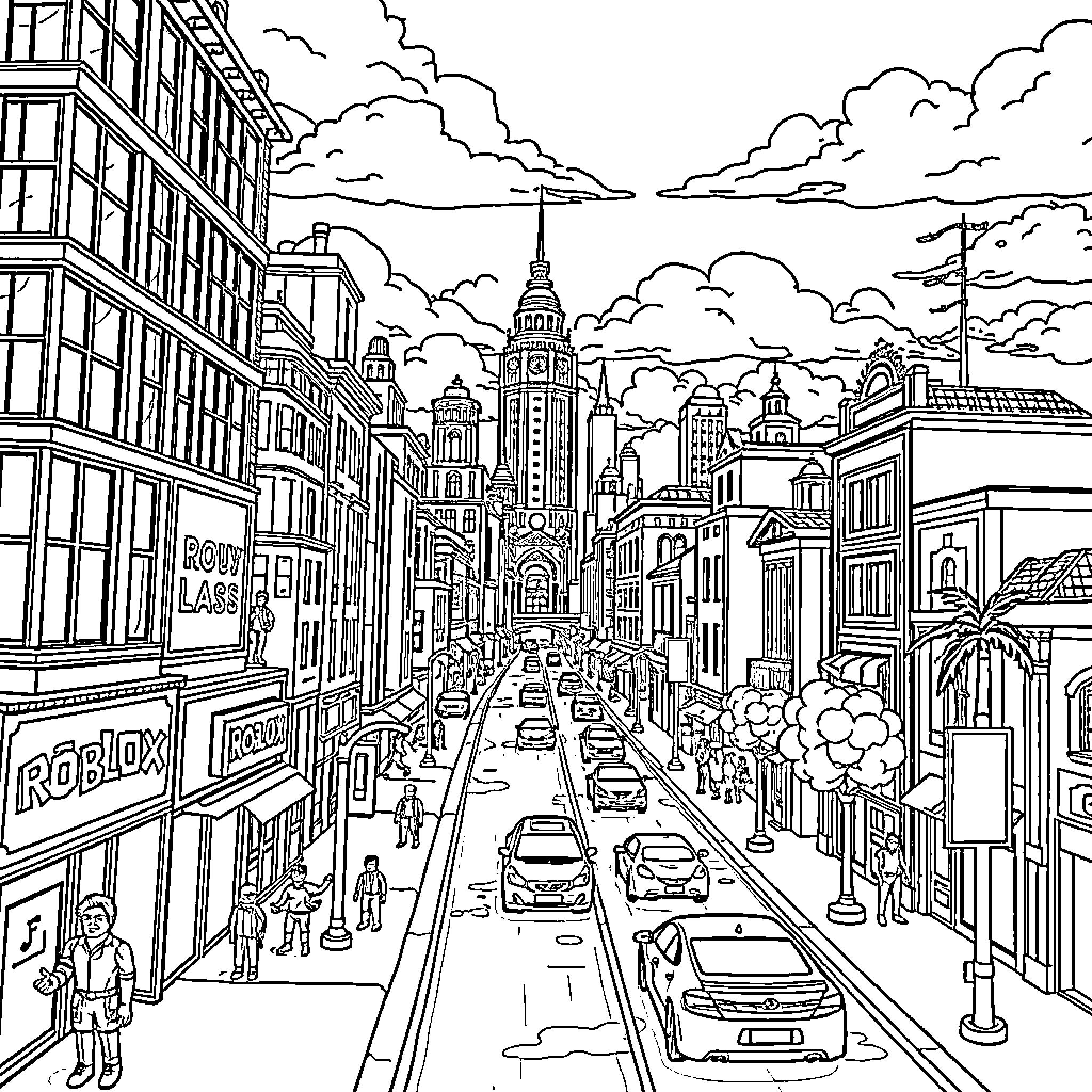 Roblox Cityscape with Bustling Streets and Iconic Buildings Coloring Page (free black-and-white line drawing printable PDF for all, from beginners to advanced learners, including children, teens, adults, and seniors)