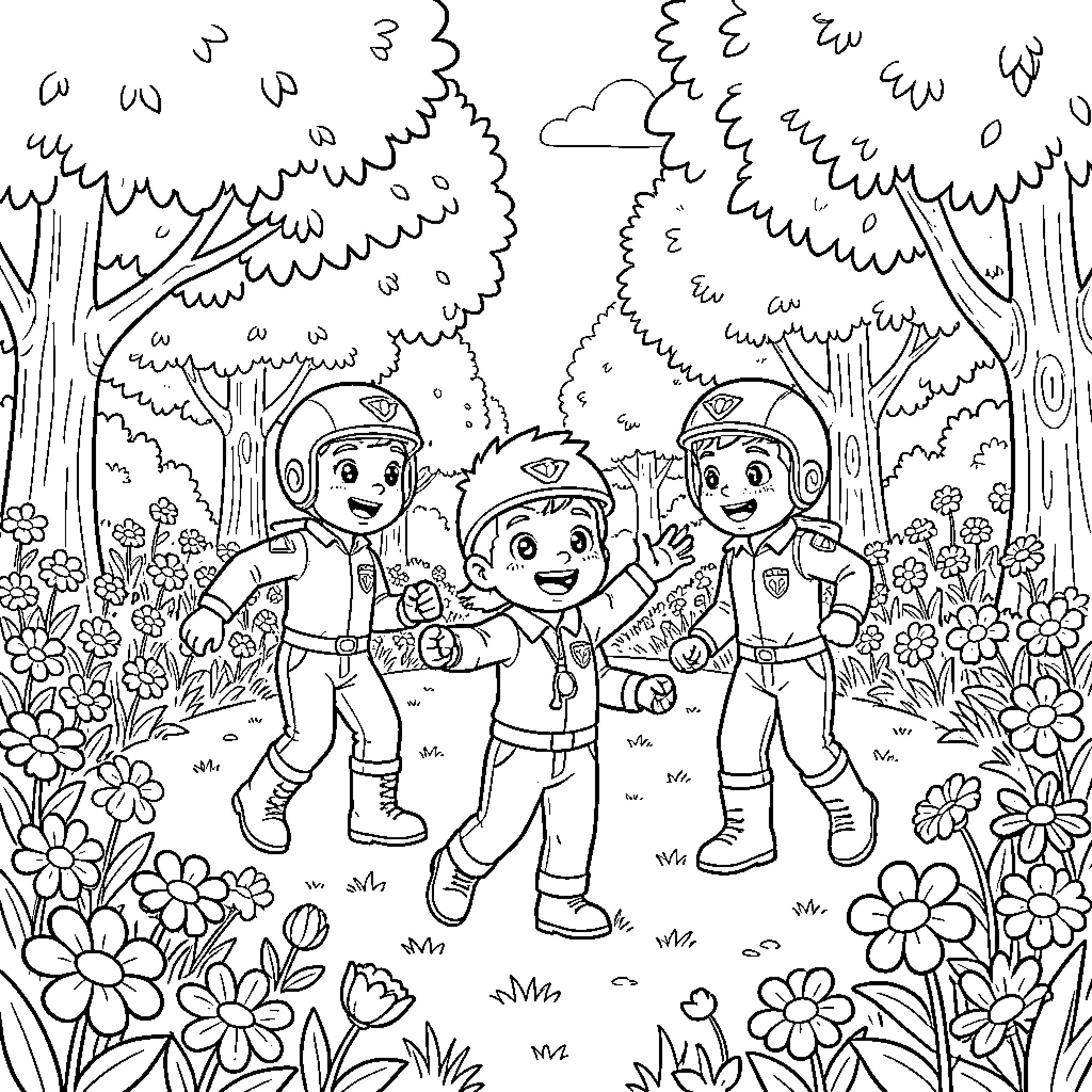 Pat Patrouille characters walking happily through a flowery forest Coloring Page (free black-and-white line drawing printable PDF for all, from beginners to advanced learners, including children, teens, adults, and seniors)