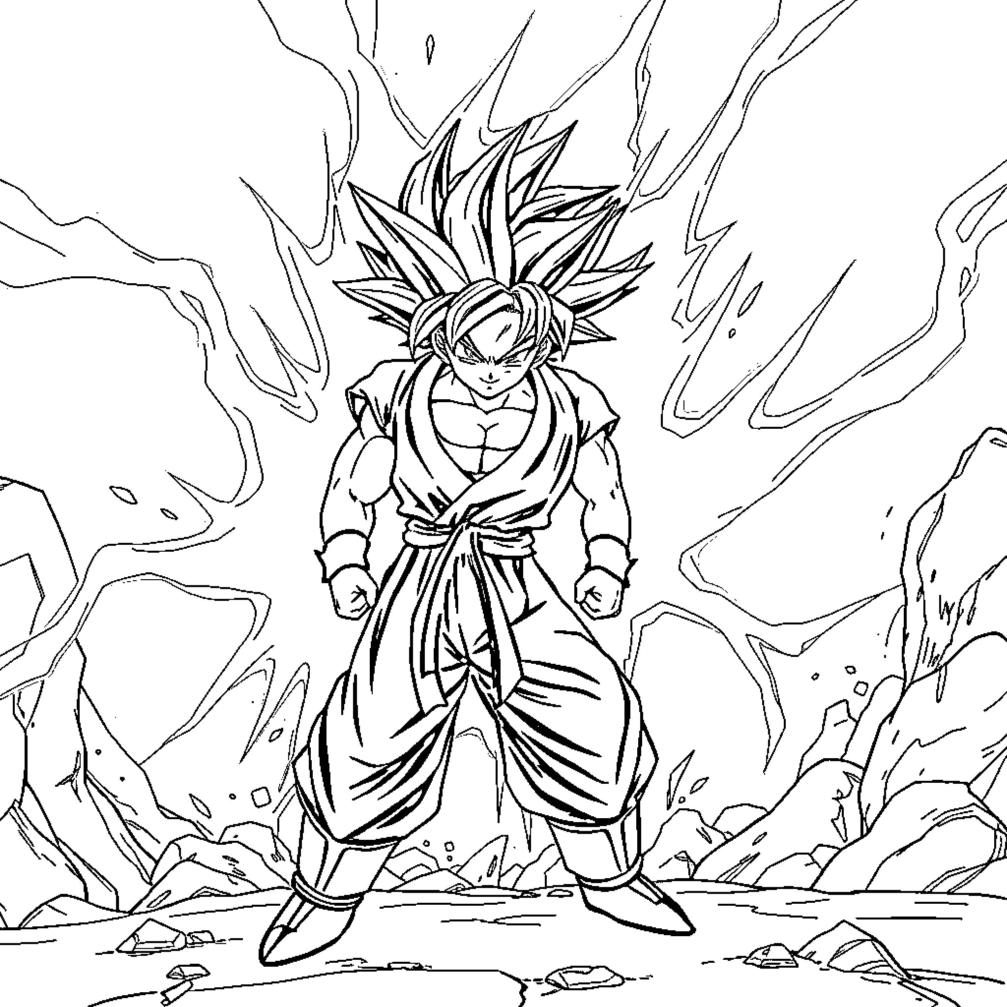 Goku's Explosive Transformation in the Rugged Landscape Coloring Page (free black-and-white line drawing printable PDF for all, from beginners to advanced learners, including children, teens, adults, and seniors)