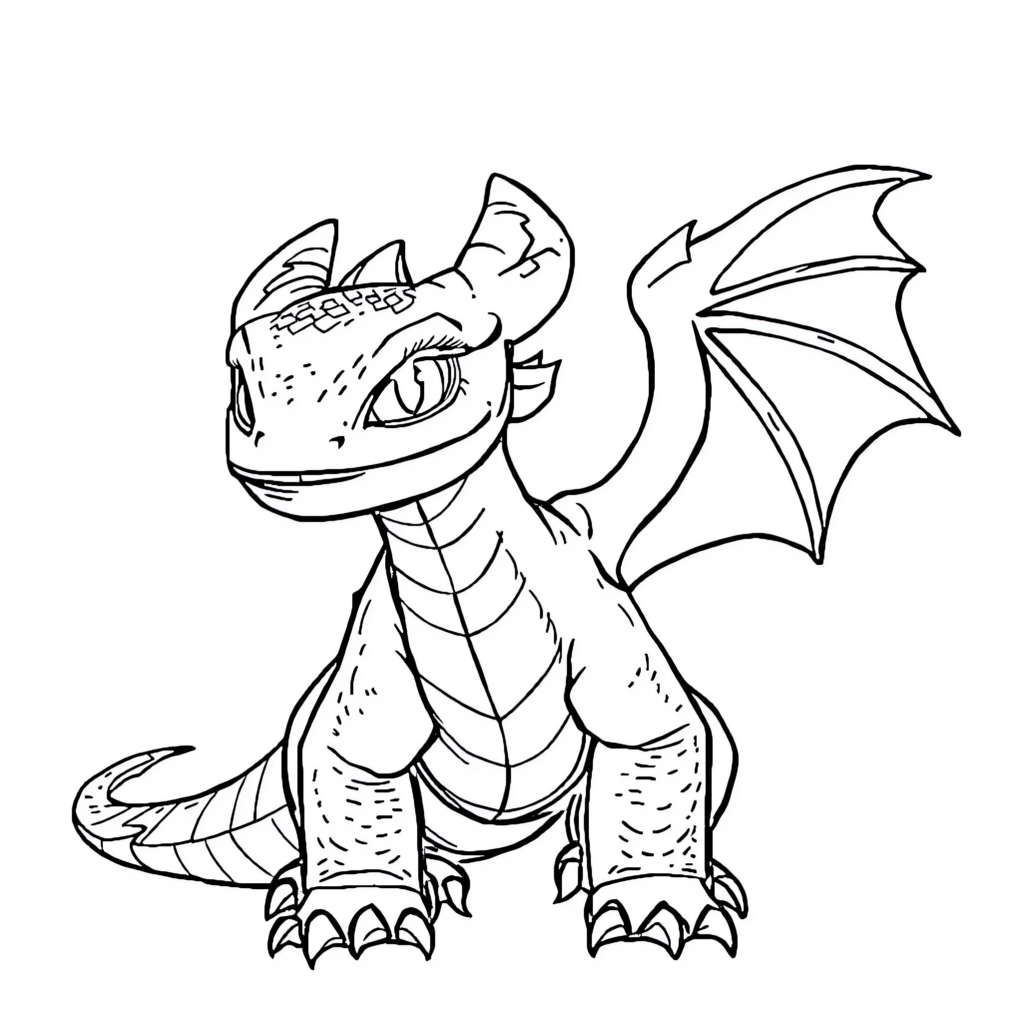 Dragon hatchling with wings in a playful pose Coloring Page (free black-and-white line drawing printable PDF for all, from beginners to advanced learners, including children, teens, adults, and seniors)