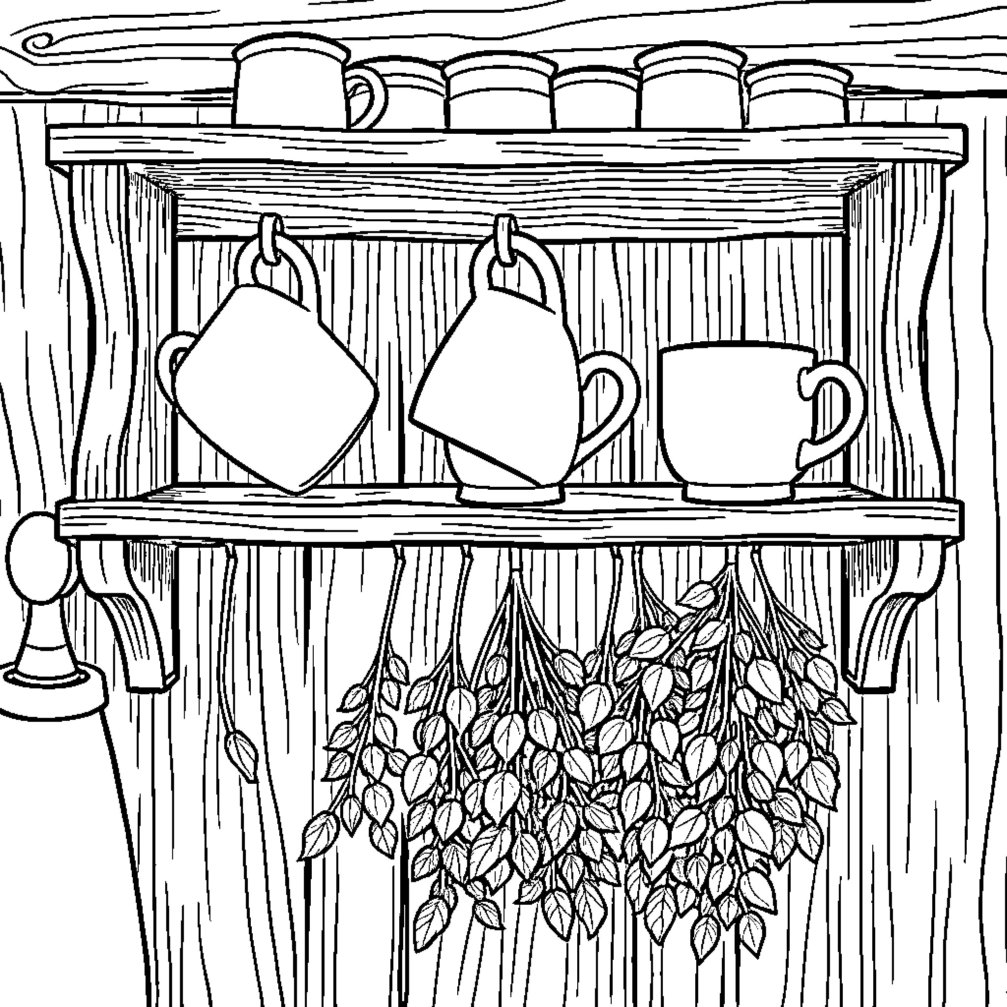 Kitchen Shelf Displaying Mugs and Herbs Coloring Page (free black-and-white line drawing printable PDF for all, from beginners to advanced learners, including children, teens, adults, and seniors)