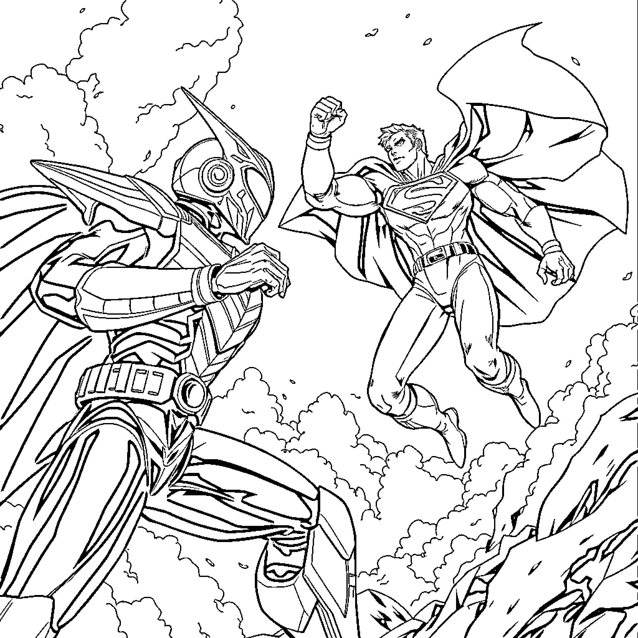 Kamen Rider and Superhero Clash in the Sky Coloring Page (free black-and-white line drawing printable PDF for all, from beginners to advanced learners, including children, teens, adults, and seniors)