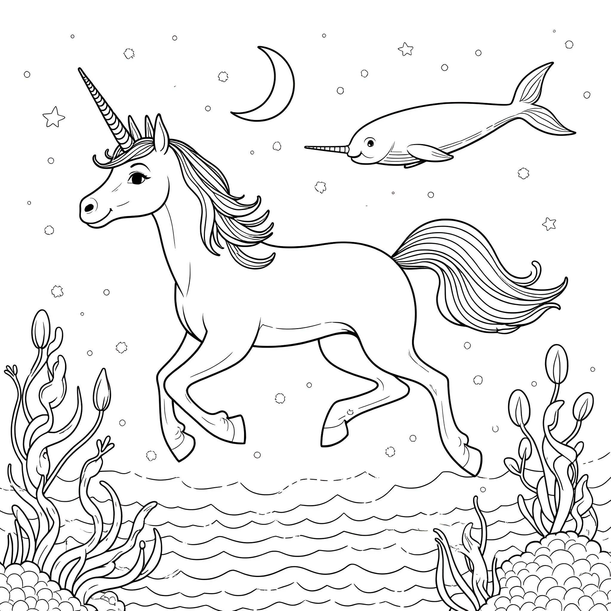 Unicorn swimming with narwhal in underwater fantasy world Coloring Page (free black-and-white line drawing printable PDF for all, from beginners to advanced learners, including children, teens, adults, and seniors)