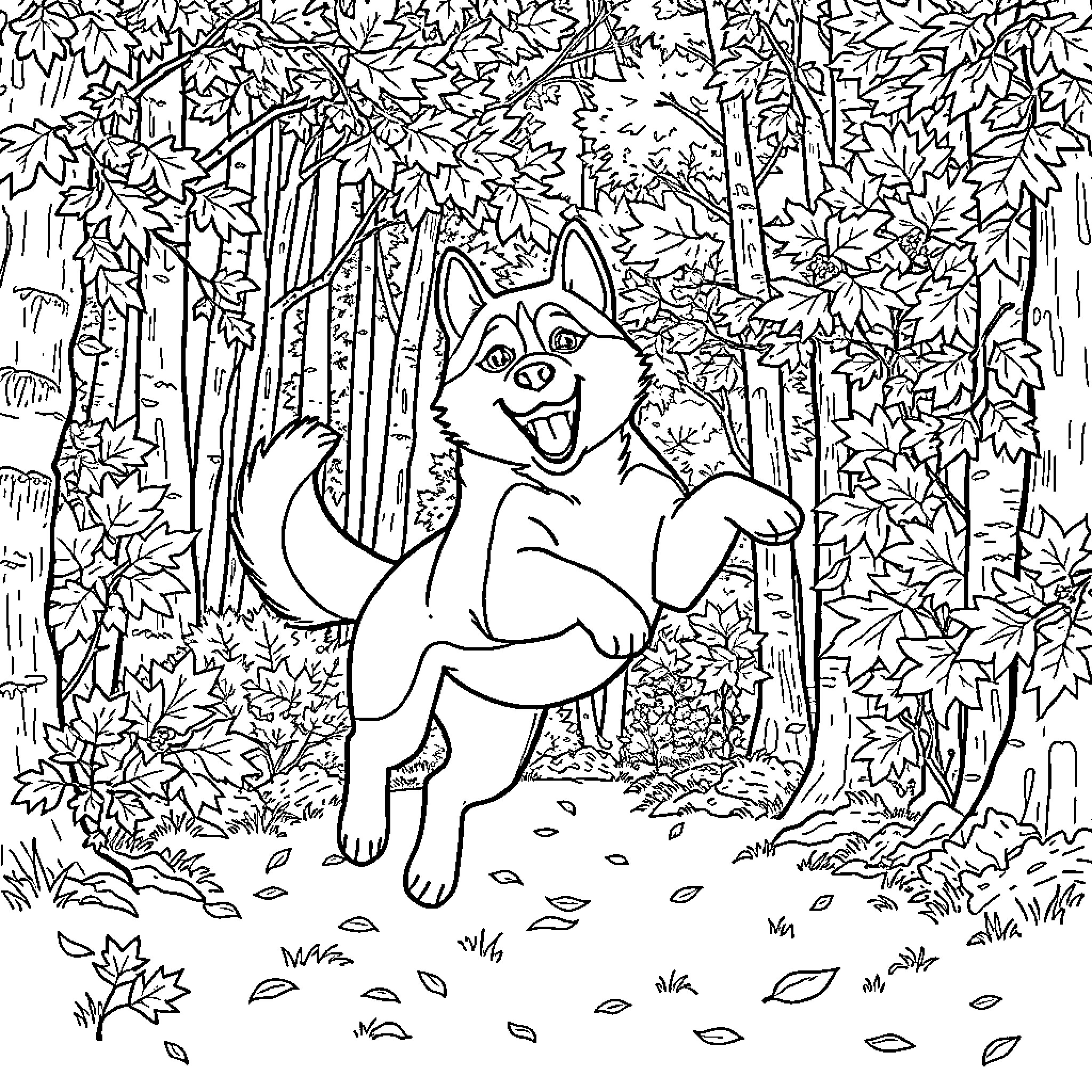 Husky happily running through the autumn forest Coloring Page (free black-and-white line drawing printable PDF for all, from beginners to advanced learners, including children, teens, adults, and seniors)