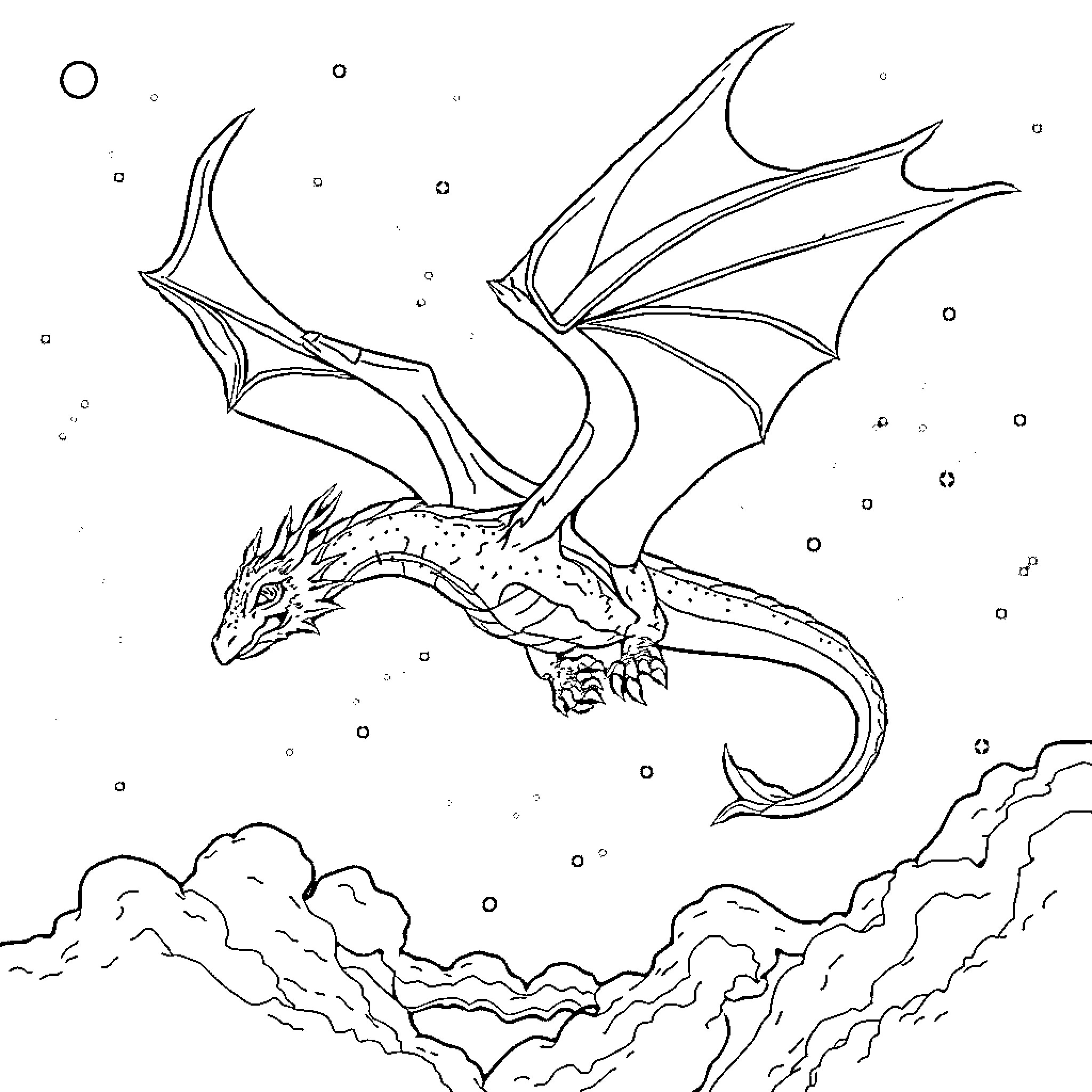 Nightfury dragon soaring through the sky Coloring Page (free black-and-white line drawing printable PDF for all, from beginners to advanced learners, including children, teens, adults, and seniors)