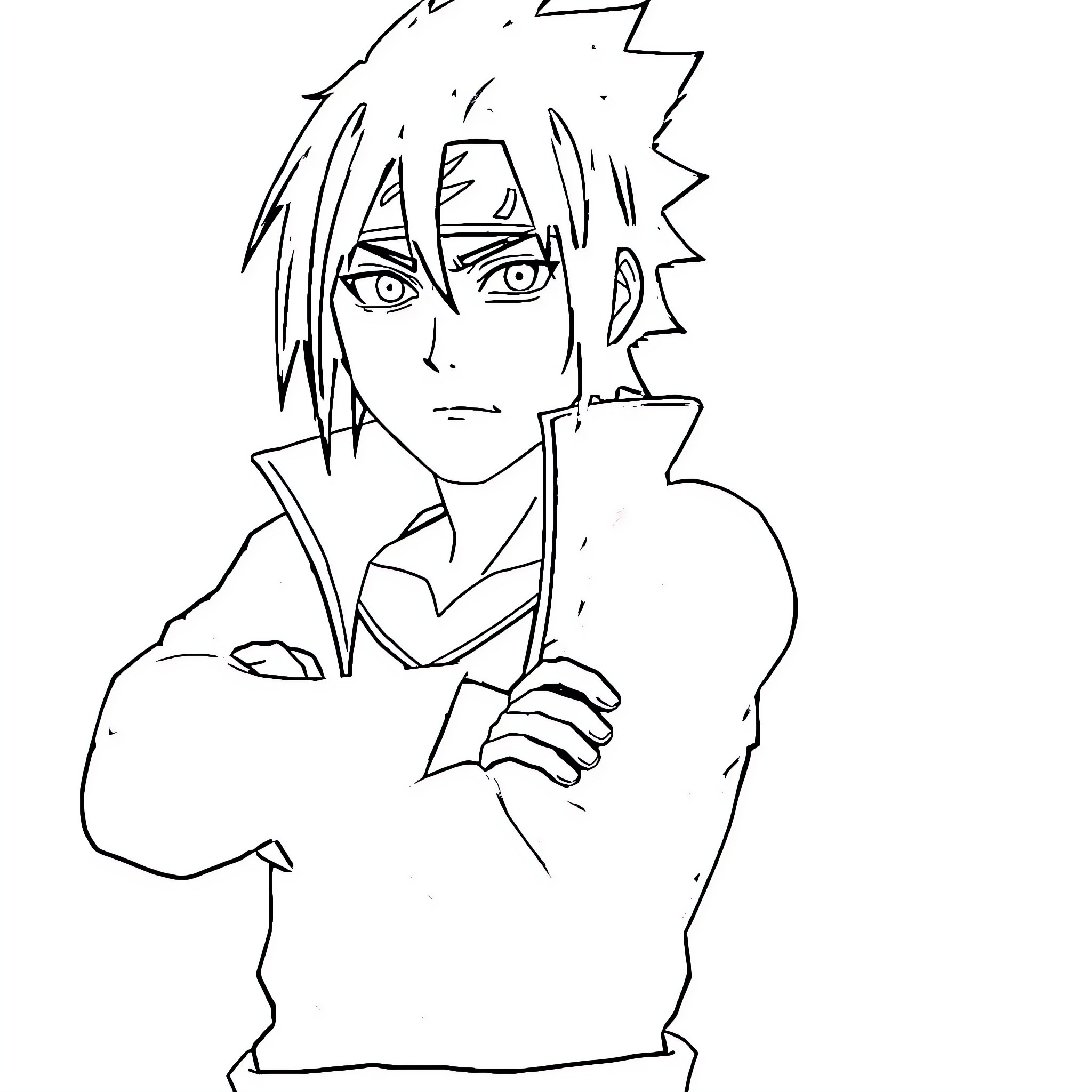 Sasuke in a contemplative pose Coloring Page (free black-and-white line drawing printable PDF for all, from beginners to advanced learners, including children, teens, adults, and seniors)