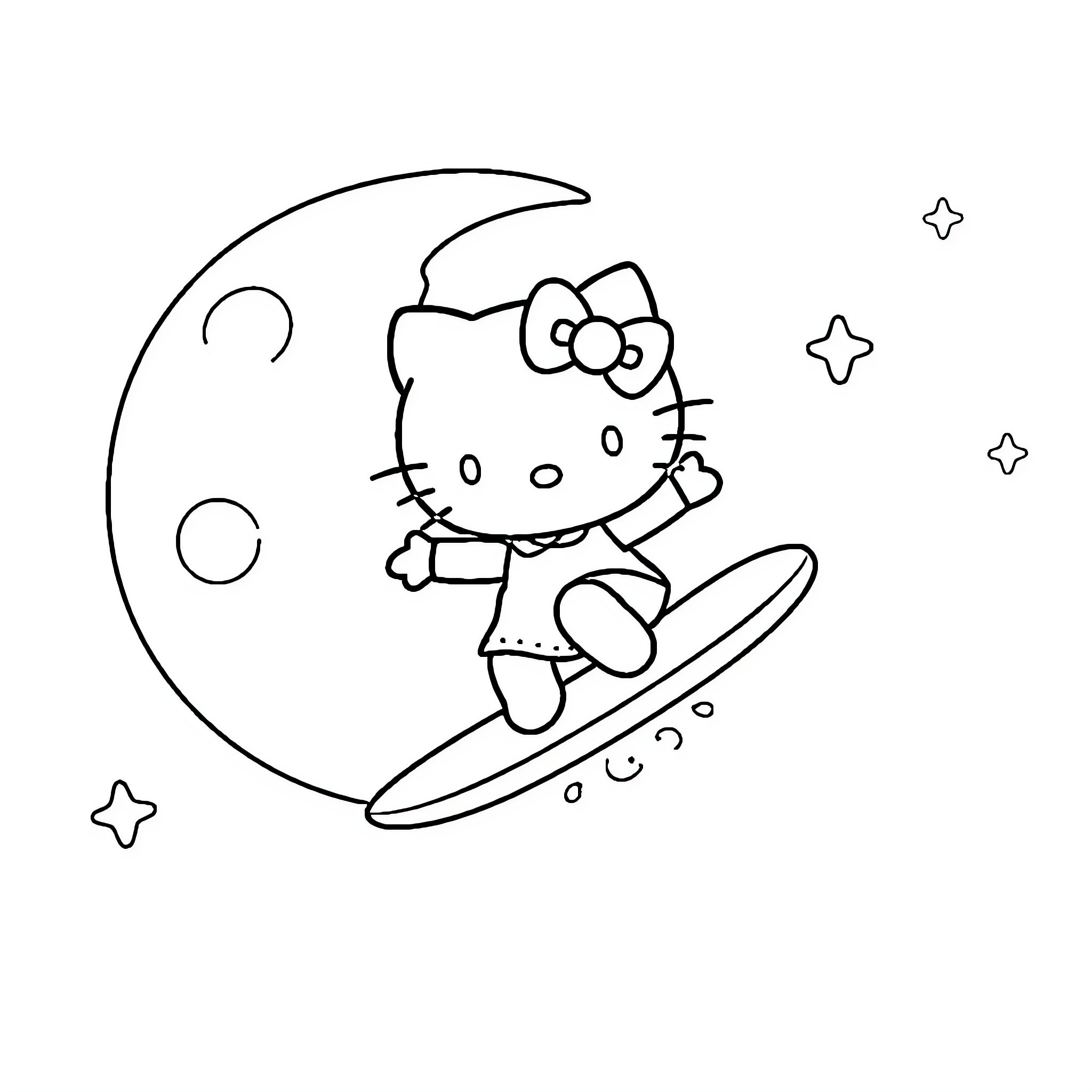 Hello Kitty surfing on the moon with stars Coloring Page (free black-and-white line drawing printable PDF for all, from beginners to advanced learners, including children, teens, adults, and seniors)
