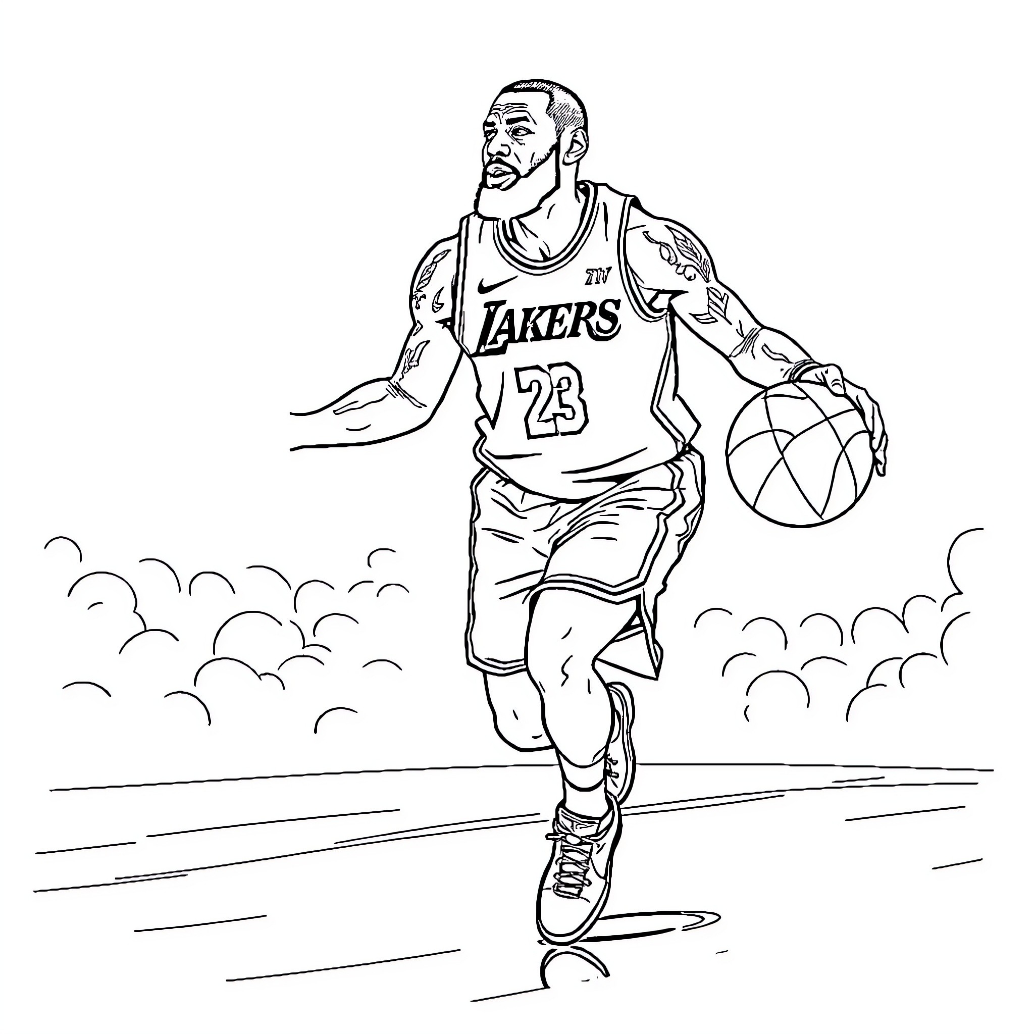 LeBron James driving the basketball on the court Coloring Page (free black-and-white line drawing printable PDF for all, from beginners to advanced learners, including children, teens, adults, and seniors)