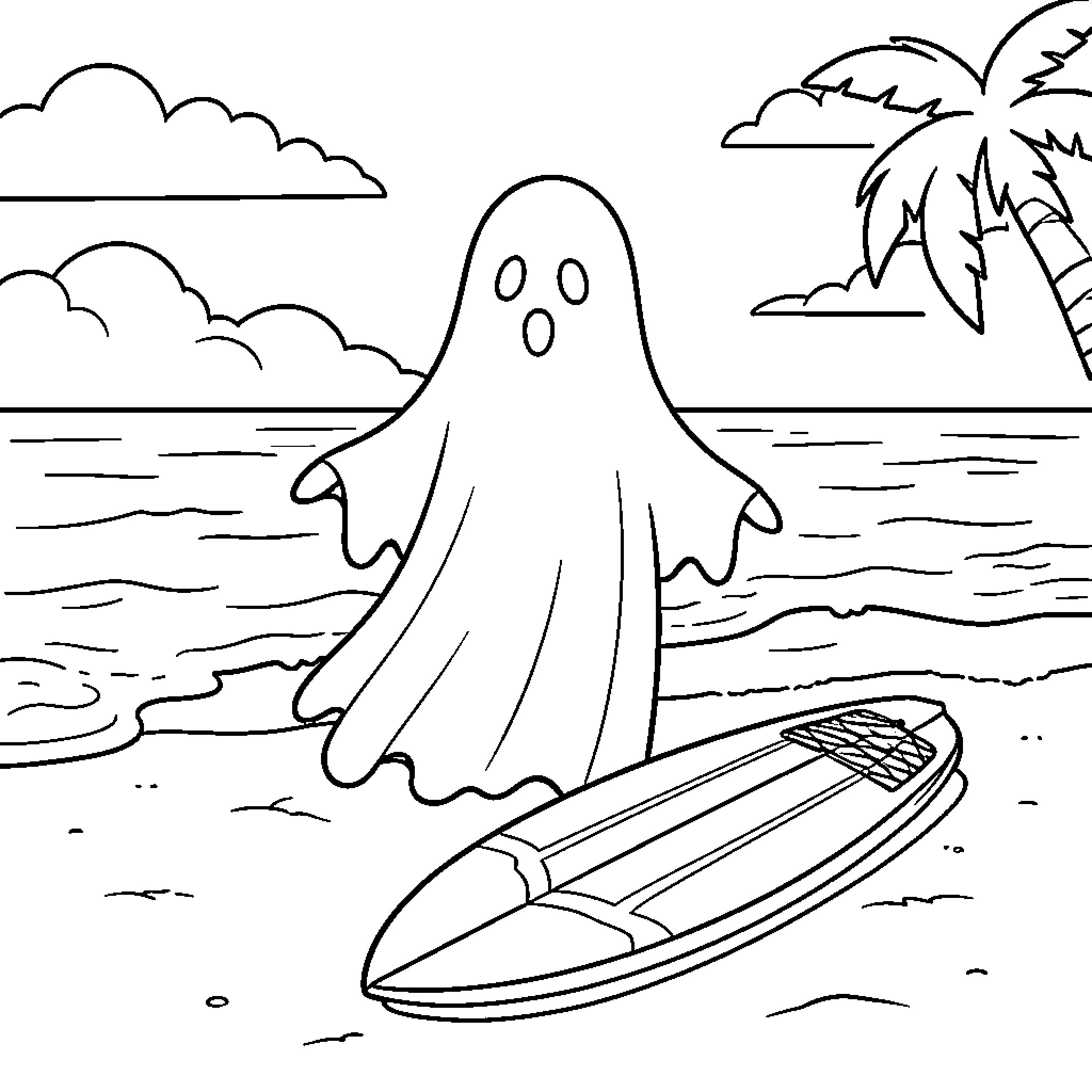 Ghost standing on a beach with a surfboard Coloring Page (free black-and-white line drawing printable PDF for all, from beginners to advanced learners, including children, teens, adults, and seniors)