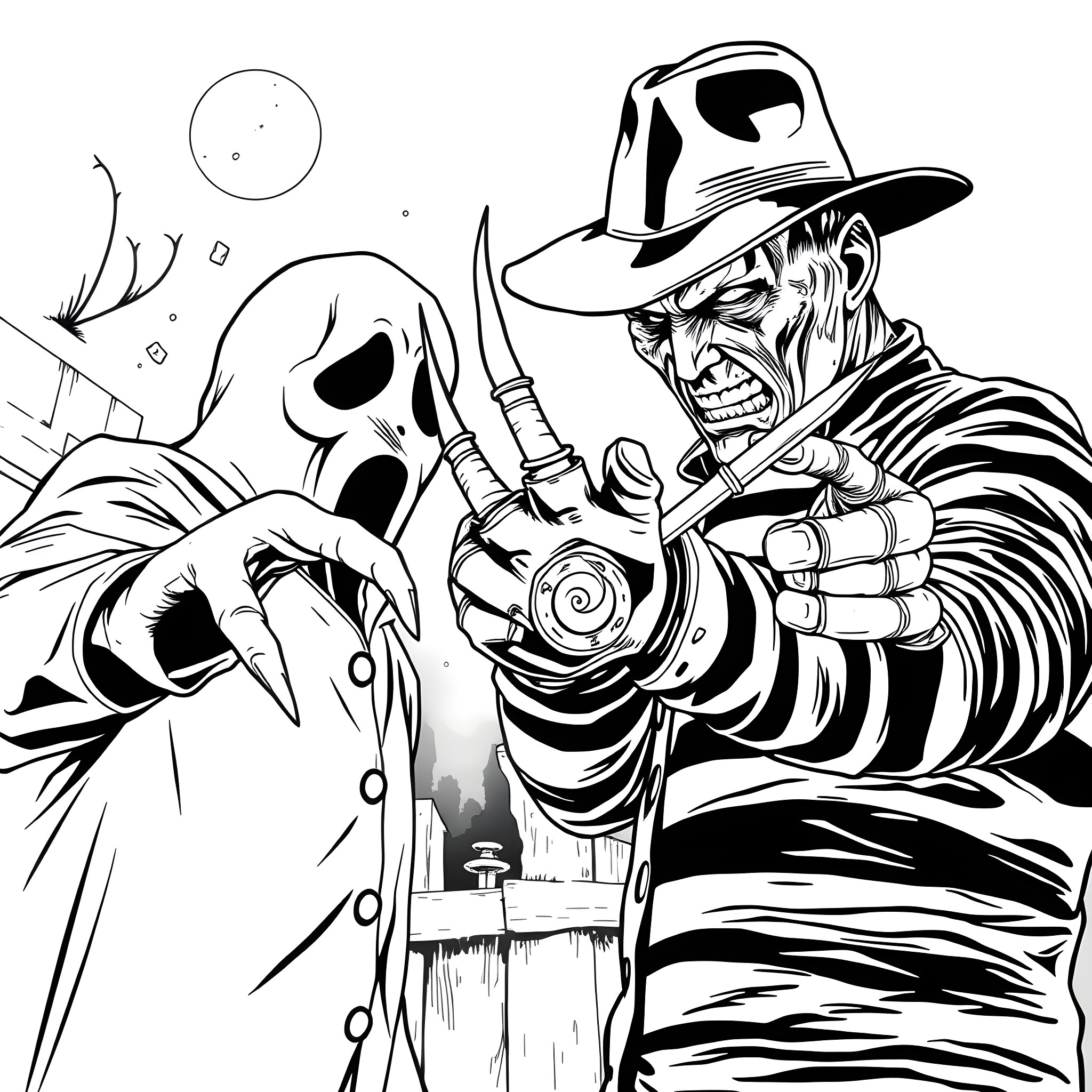 Ghostface Villain's Menacing Presence with Weapon Coloring Page (free black-and-white line drawing printable PDF for all, from beginners to advanced learners, including children, teens, adults, and seniors)