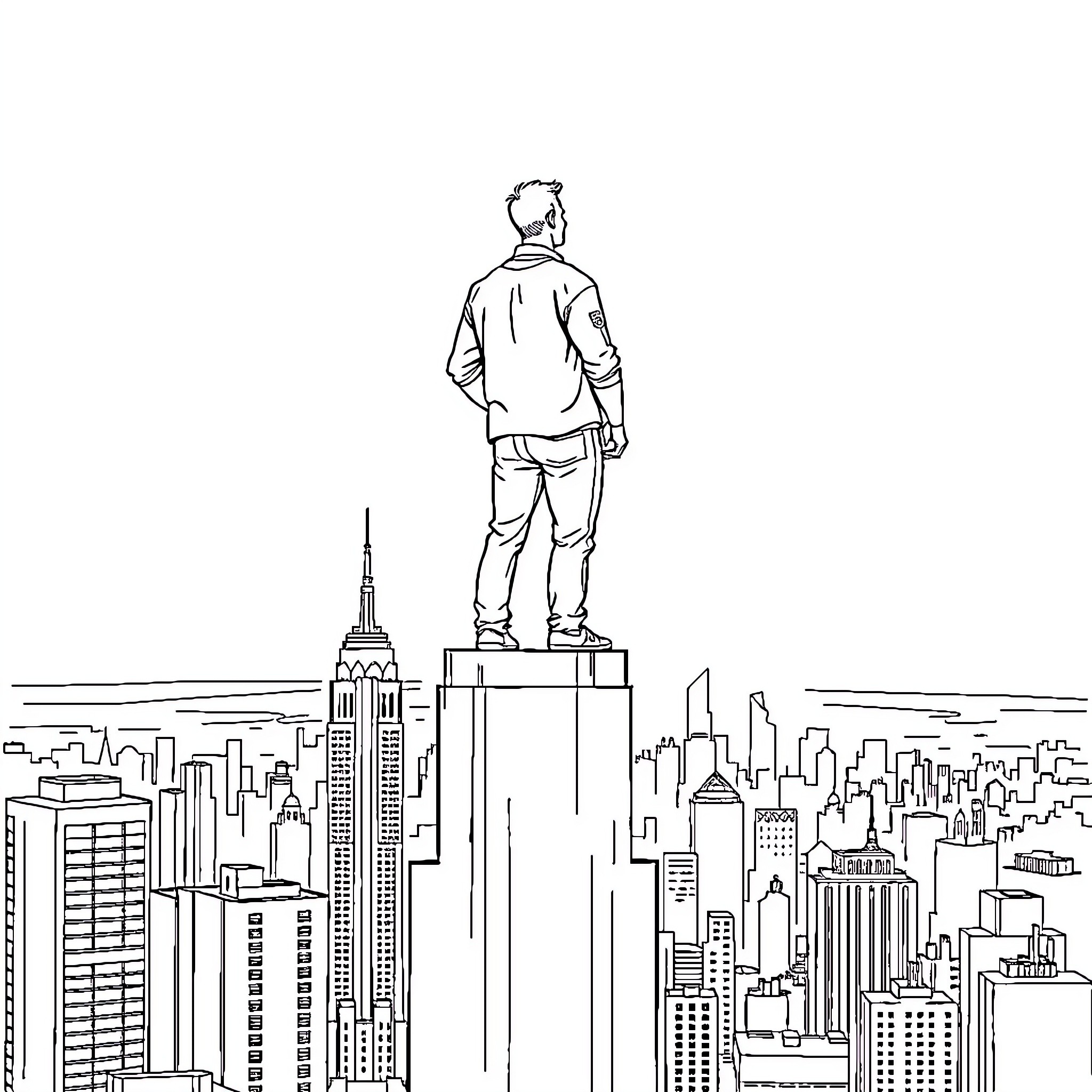 Man overlooking the city skyline Coloring Page (free black-and-white line drawing printable PDF for all, from beginners to advanced learners, including children, teens, adults, and seniors)