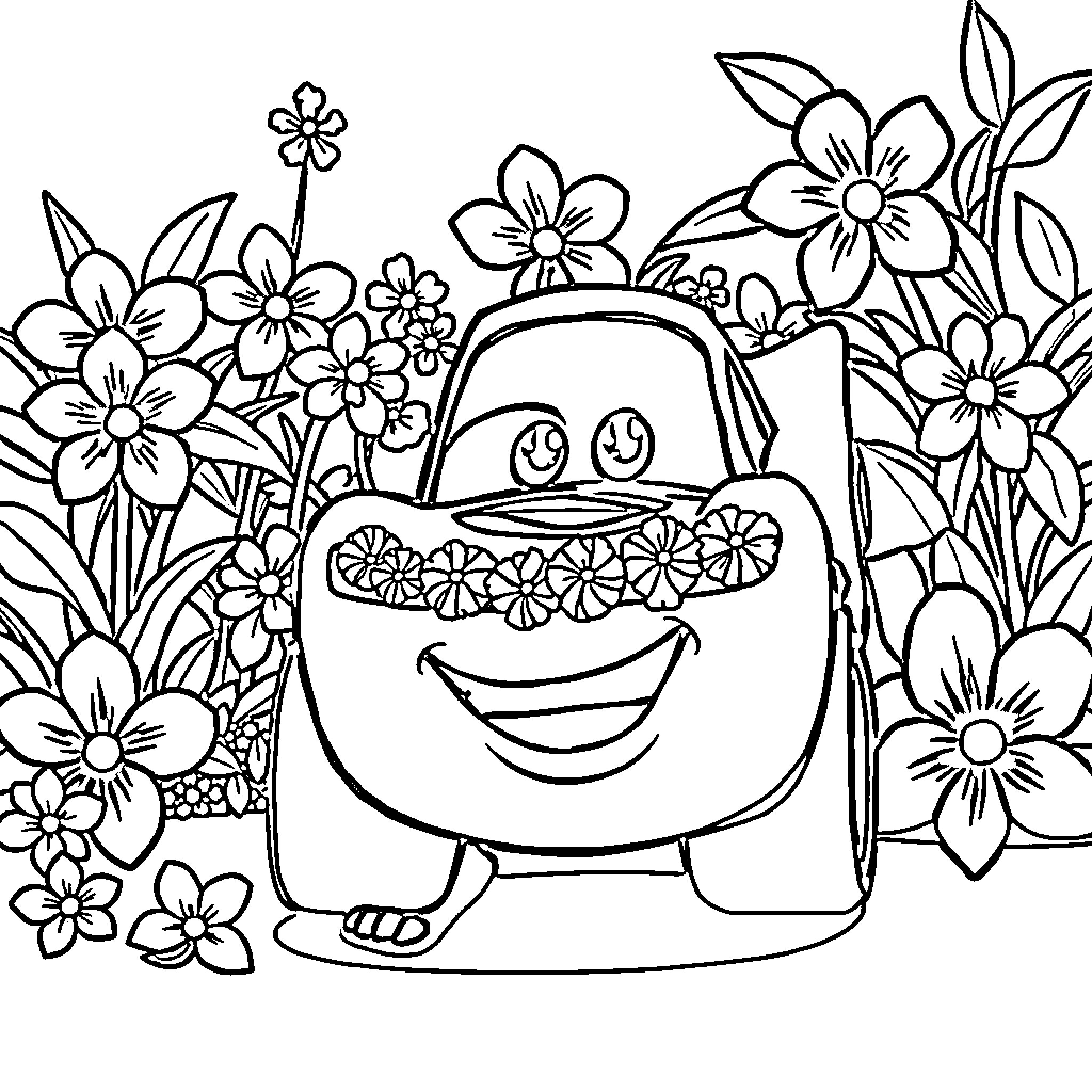 McQueen surrounded by joyful flowers Coloring Page (free black-and-white line drawing printable PDF for all, from beginners to advanced learners, including children, teens, adults, and seniors)