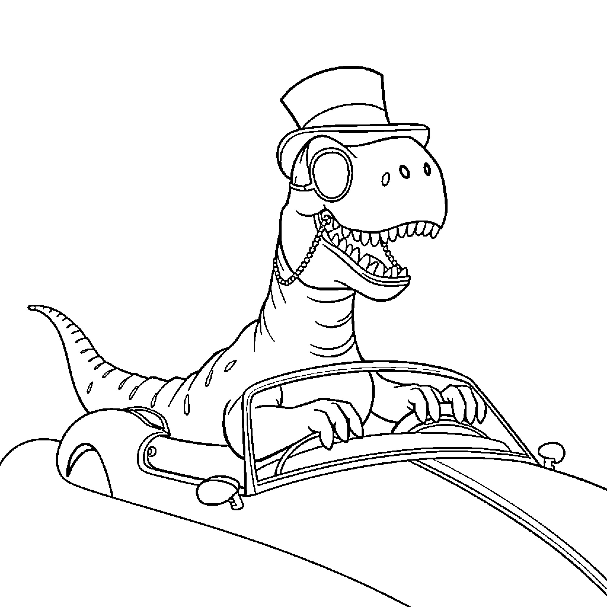 Dinosaur wearing a top hat driving a car Coloring Page (free black-and-white line drawing printable PDF for all, from beginners to advanced learners, including children, teens, adults, and seniors)