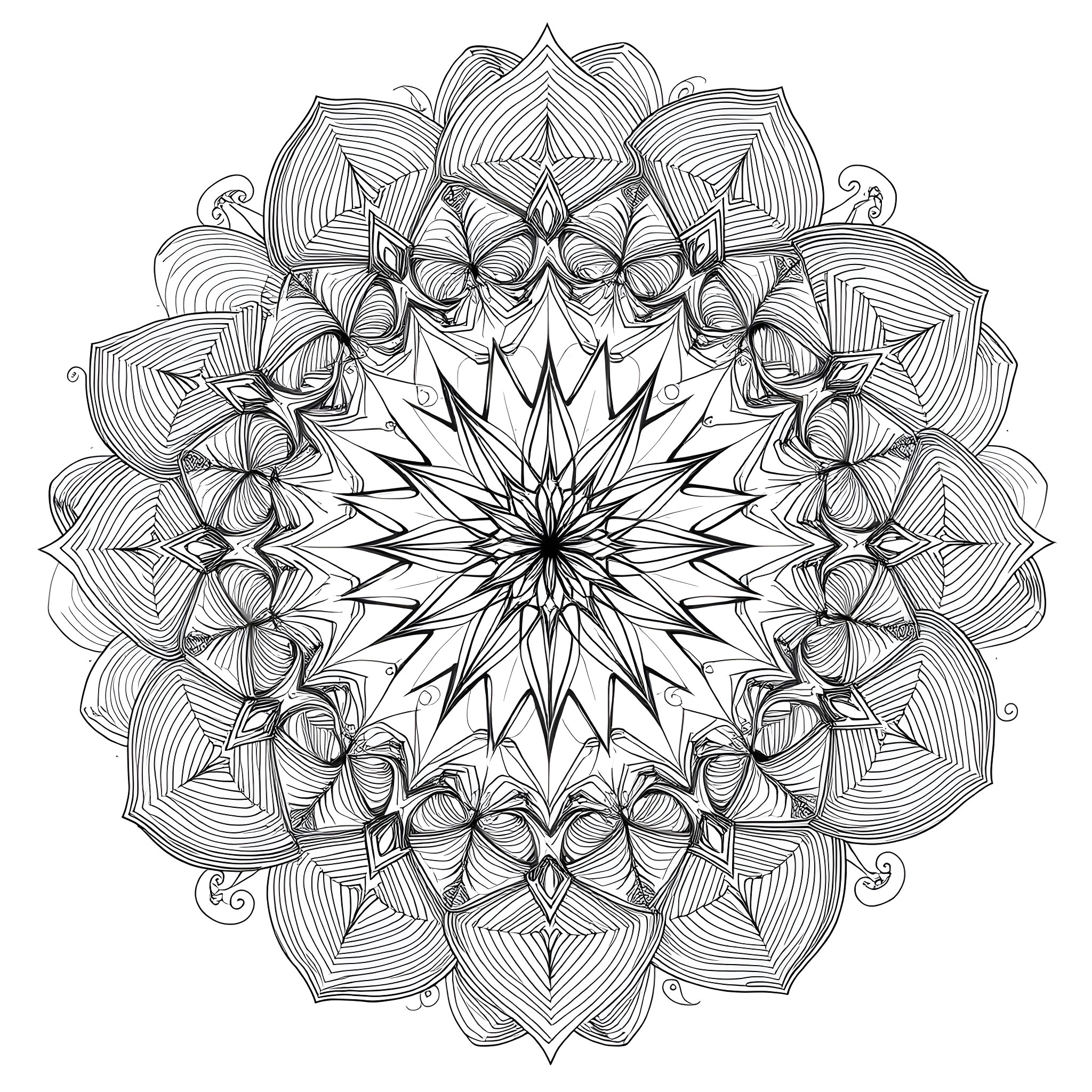 Pattern of intricate geometric shapes and floral elements Coloring Page (free black-and-white line drawing printable PDF for all, from beginners to advanced learners, including children, teens, adults, and seniors)